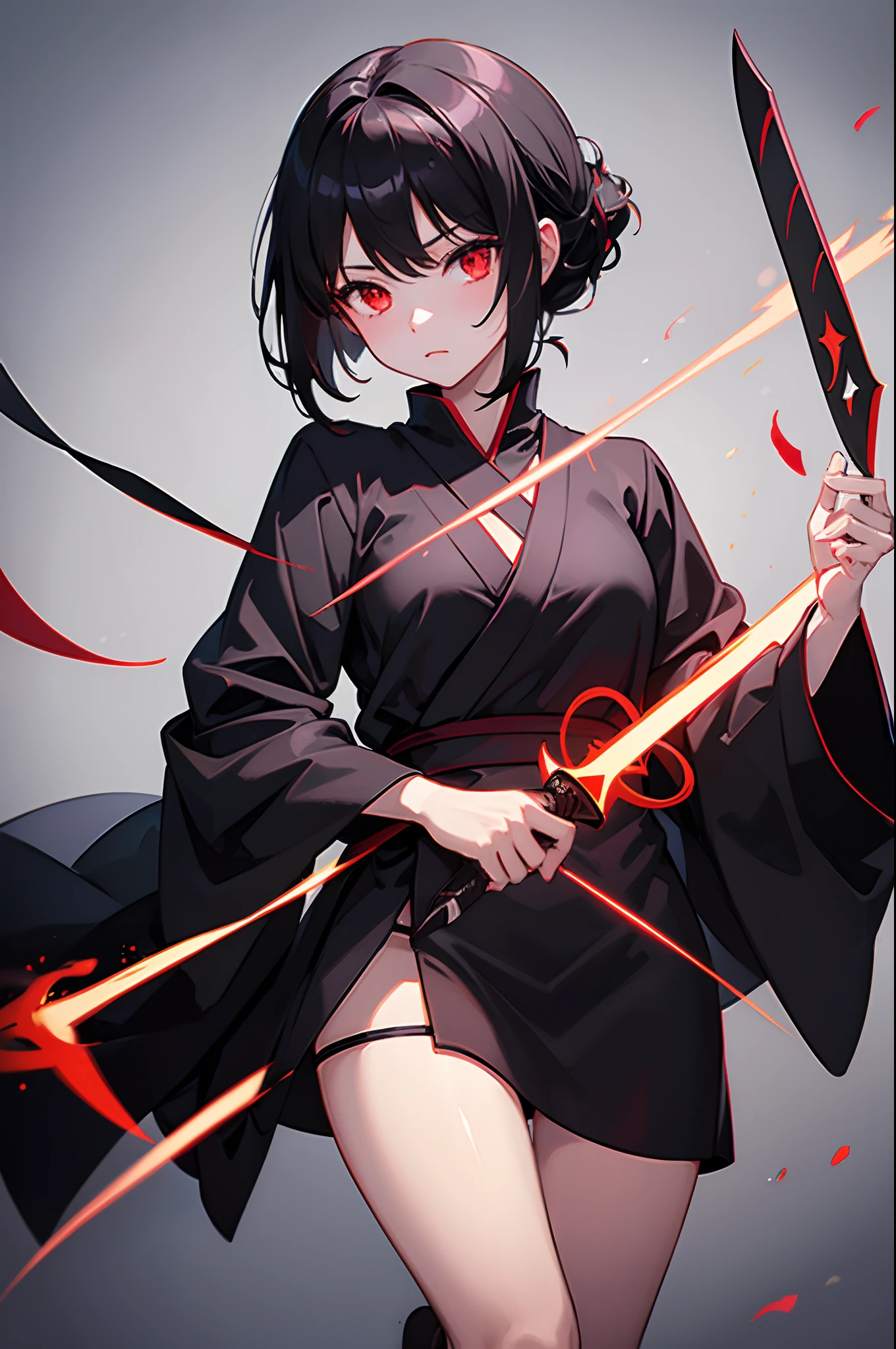 1girl, japanese clothes, ponytail ,black hair, purple eyes, magic circle, red fire, red flames, wallpaper, landscape, blood, blood splatter, depth of field, night, light particles, light rays, sidelighting, thighs, fate \(series\), genshin impact, open jacket, mini skirt, thighhighs, big breasts ,thin waist