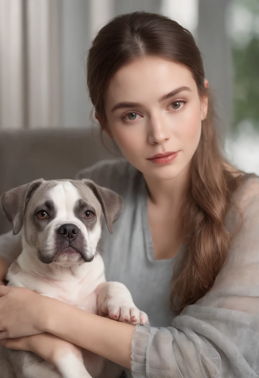 Beautiful young woman with gray boxer dog, Belas Artes, fundo preto, Luz de Rembrandt, --ar 2:3, (master part:1.4), (best quality:1.4), Foto RAW, (fotorrealista: 1.5), (short hair), cabelos castanhos claros, (Foto RAW, 8k UHD), belos olhos detalhados, olhos e rosto extremamente detalhados, master part, (pele altamente detalhada: 1.2), 8k UHD, DSLR, soft lighting, alta qualidade
