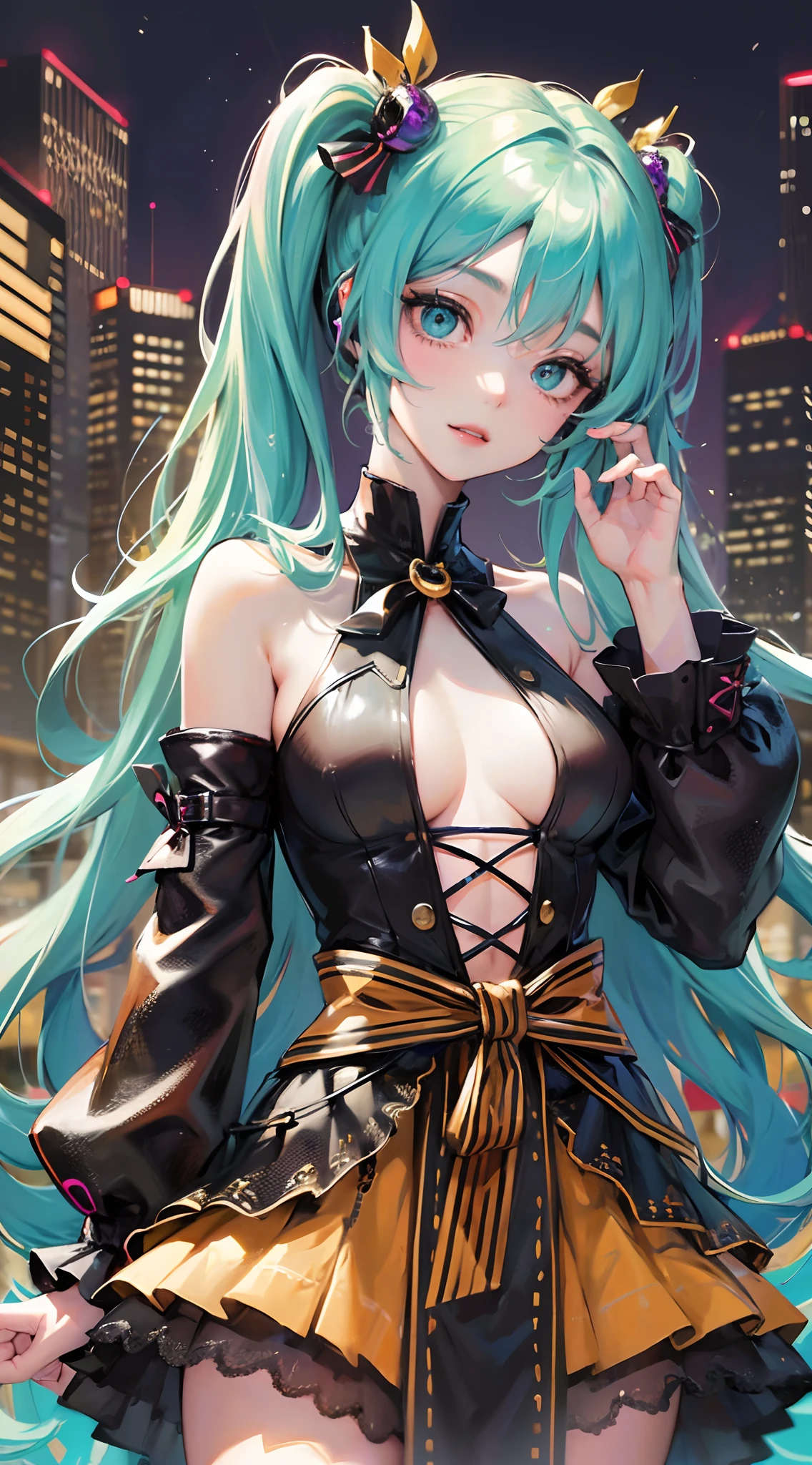 Absurdres masterpiece HDR high quality picture of Hatsune Miku, very girl 14 years ailed face, simple hair design , beautiful face, hands on waist and hands are hiding in her hair and clothes , very long hair, ((random hair style:1 )) , anime eyes, light skin ,
Halloween Festival outfit , succubus outfit, detailed hair ornaments , Halloween town background, masterpiece scenery