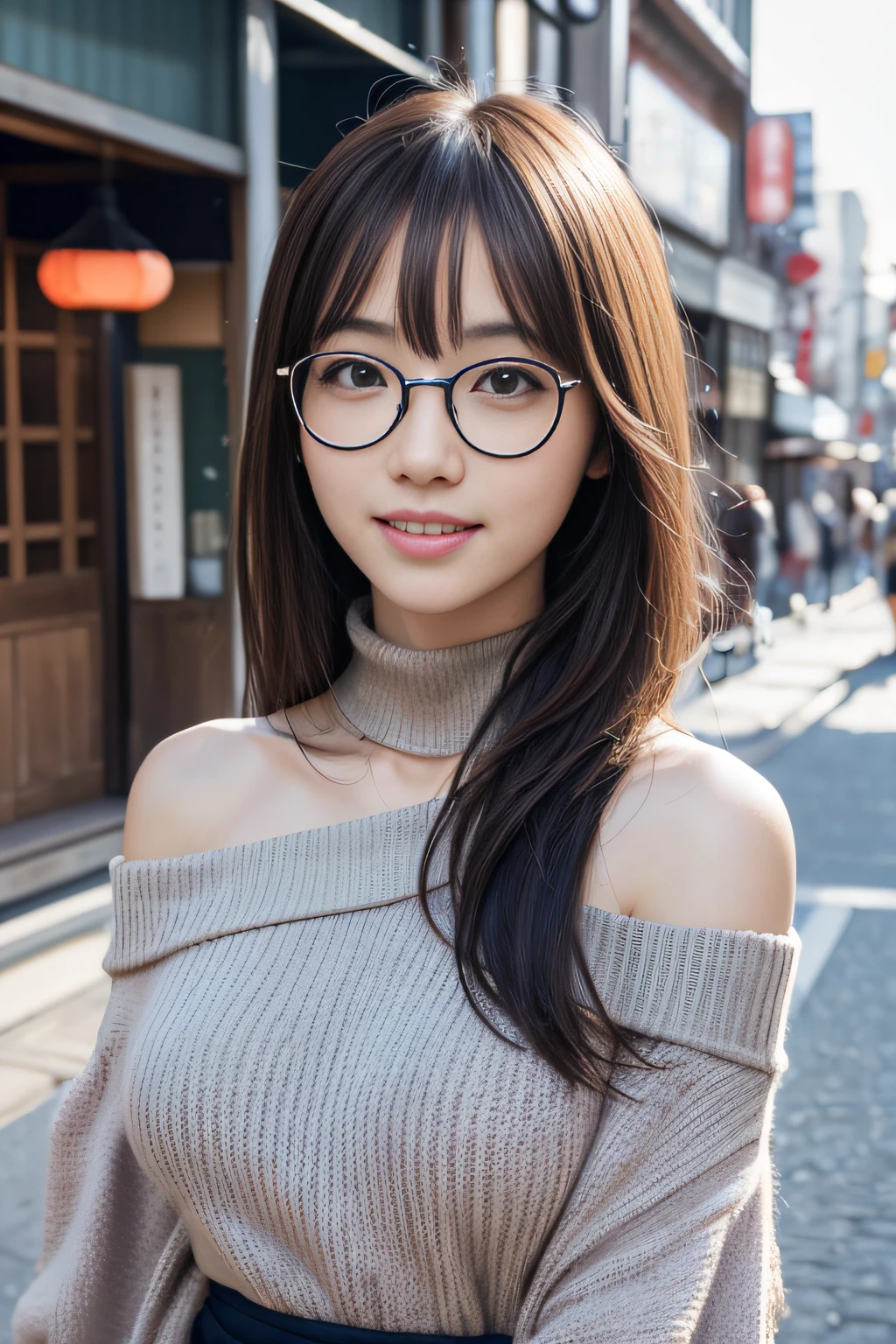 ((japanaese girl)), 8K, Raw photo, Best Quality, ultra-detailliert, Ultra High Resolution, Realistic, photographrealistic, high-definition RAW color photography, professional photograpy, Extremely detailed, 8K Wallpaper, amazing, finely detail, Huge file size, extra detailed face, extremely detailed eye, highlydetailed skin, extremely detailed fingers, highly detailed nose, highly detail mouth, Perfect Anatomy, Highly detailed background, Realistic body, Good figure, blown hair, (Medium Hair), Cute face, Photography, (Happy smile), Perfect Skin, Perfect Anatomy, Large breasts, (Round glasses), (Off-the-shoulder high-neck knit), (Mole), ((down town)), high-angle shot, swept bangs, Full body shot,