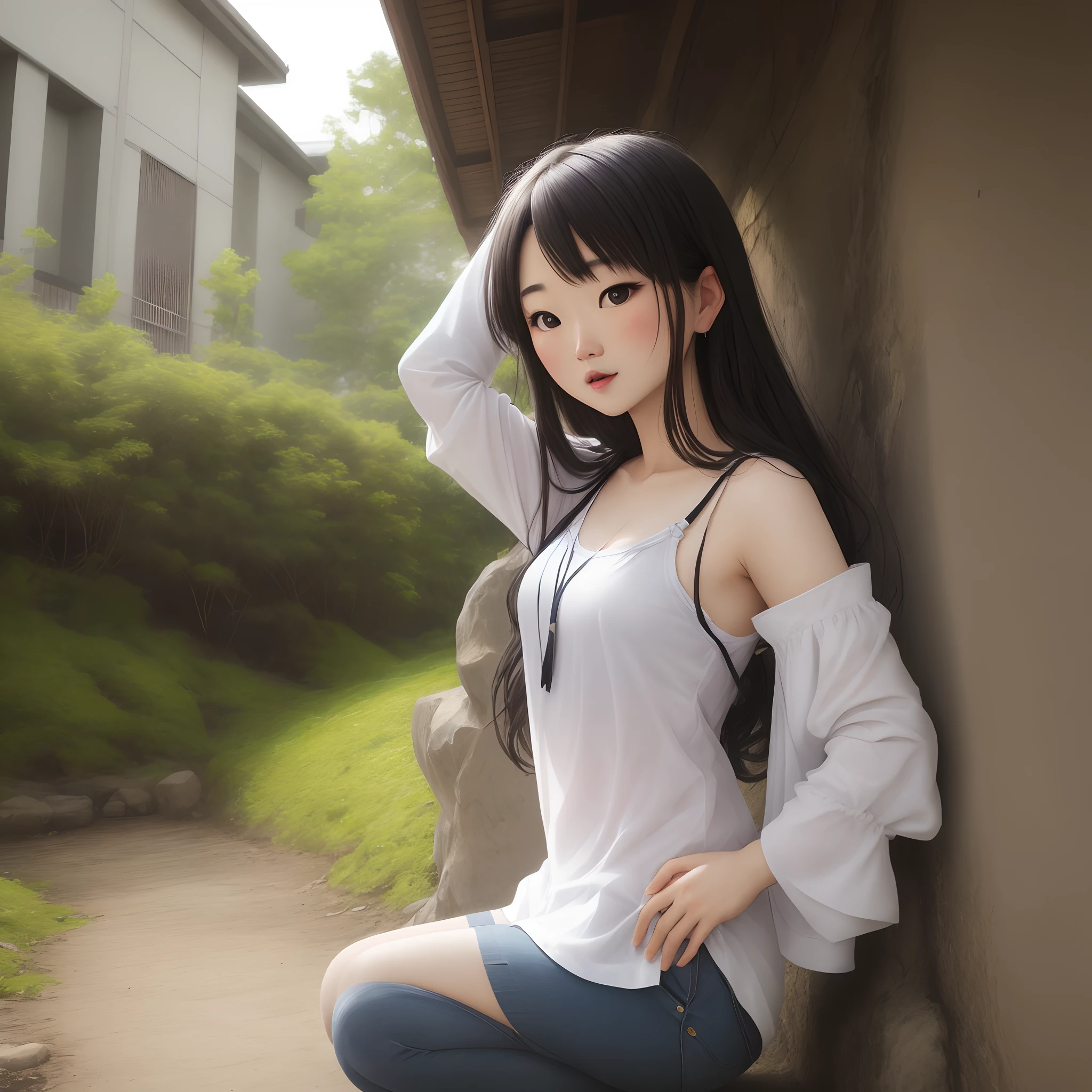 (Best Quality, Masterpiece: 1.2), Woman, Portrait, Translucent Open Collar Blue Shirt (Chestless), (Tong), Mullet Head, Long Black Hair, Brown Eyes, Hips, Sneakers, Squat, Full Body, Outdoor, In the Woods