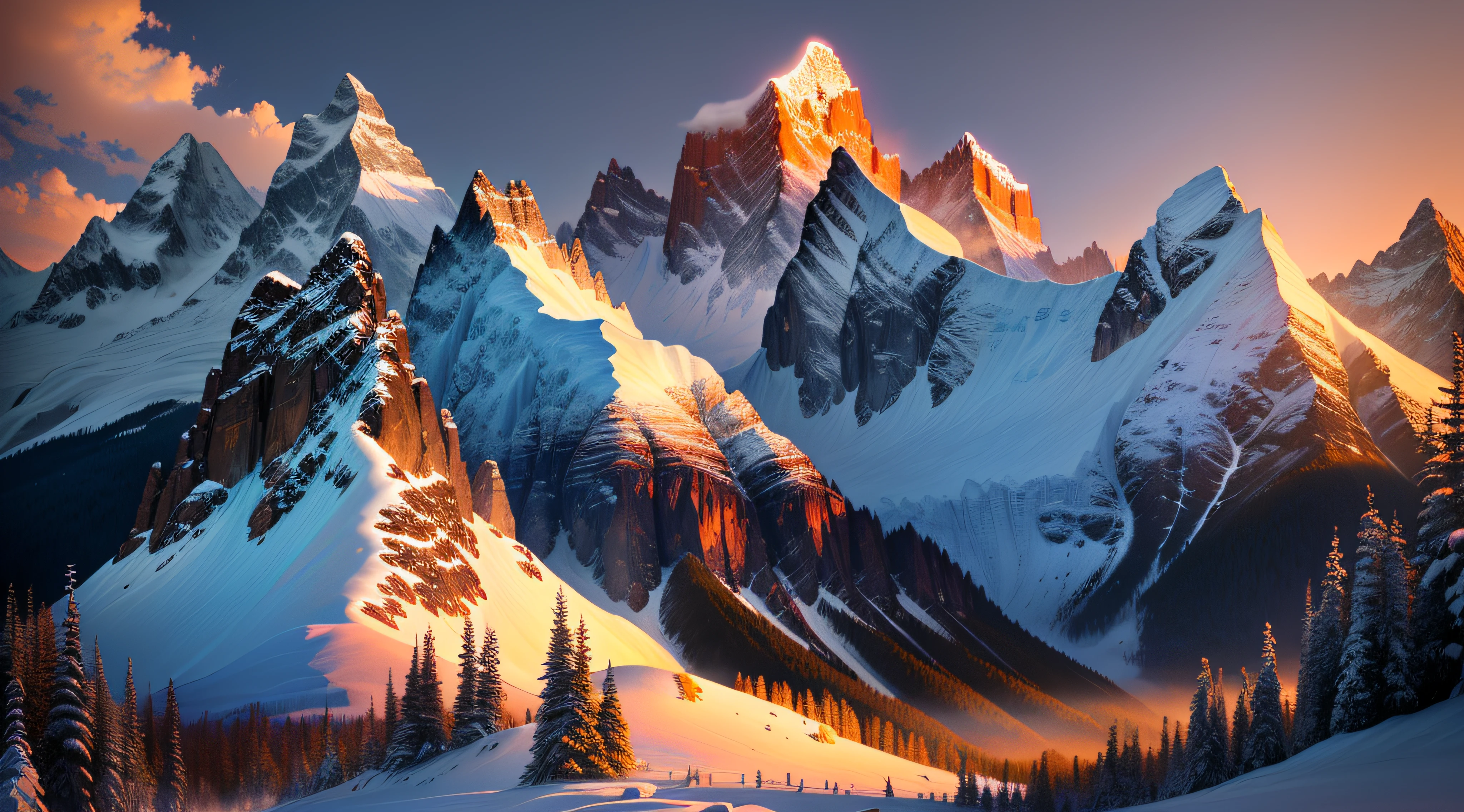 The mountains are covered in snow,Densely wooded,Sunset, mountain sunrise, last light on mountain top, ryan dyar, inspired by Michael Komarck, epic sunrise, sunrise light, log cabin beneath the alps, Sunset light, Amazing wallpapers, Beautiful wallpaper, Wallpaper 4k, wallpaper 4 k, sunshine lighting high mountains, 8K stunning artwork, marc adamus