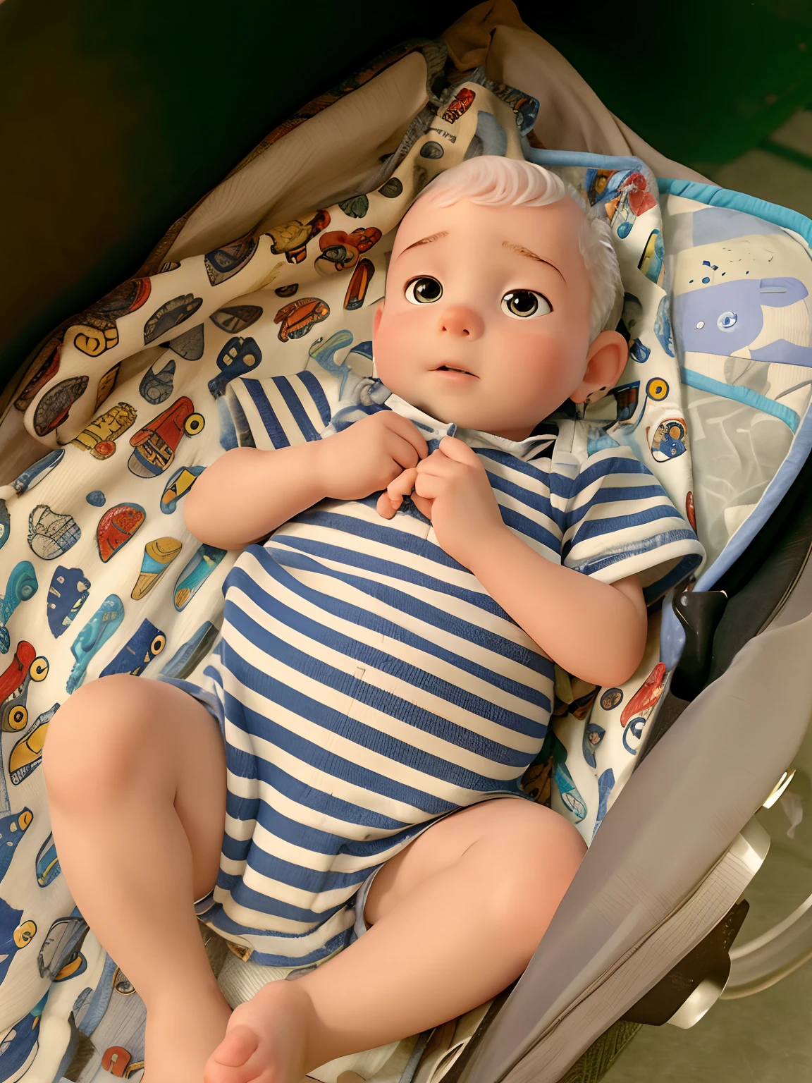 boy with little hair lying in stroller