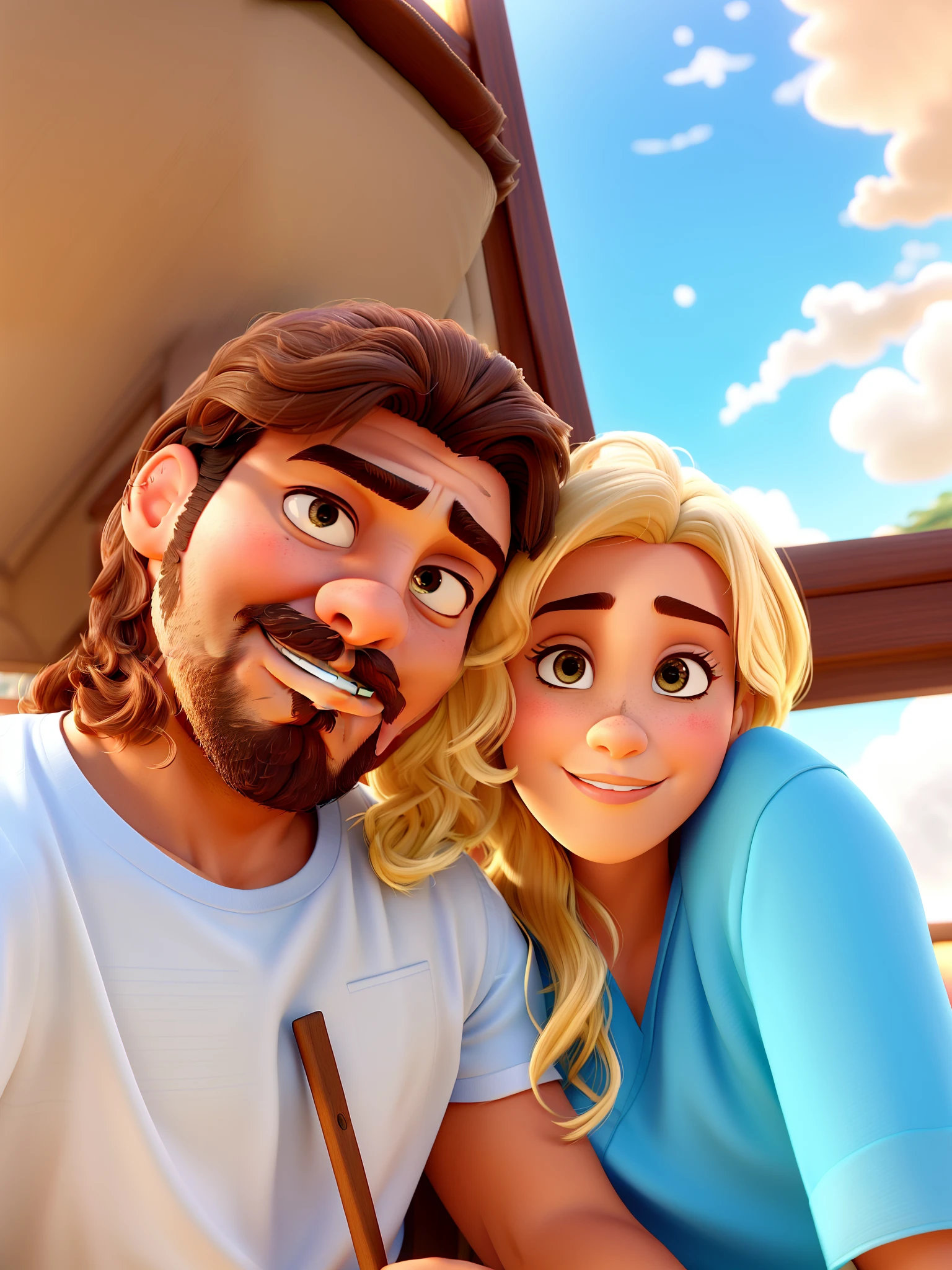 Casal estilo disney pixar melhor qualidade alta qualidade. Homem moreno cabelo comprido crespo barba e mulher loira olhos azuis cabelos longos lisos