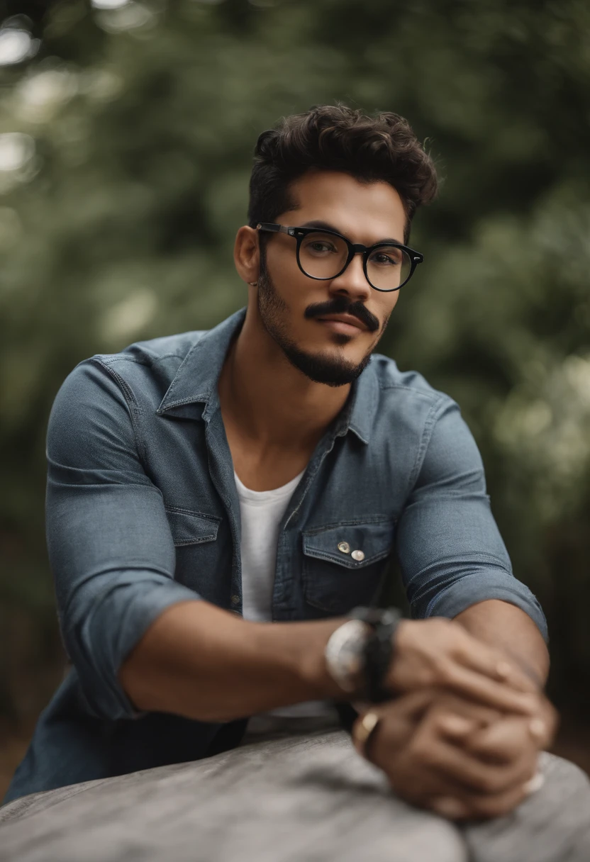 crie um banner no estilo Pixar. A man with Brazilian features moreno claro, musculoso, Asian eyes, Wearing nerdy prescription glasses, usa bigode fino, com cabelos raspados e cacheados, Castanhos escuros e levemente acinzentados, usando roupa de rapper, Wearing jeans and holding a classical guitar with 7 strings.