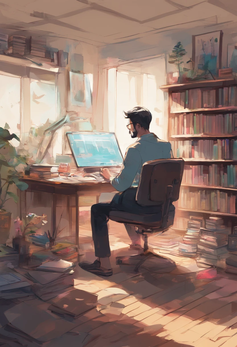 机器人, With translucent body, Sitting at a desk looking at a laptop, In the living room with books, wide vision, A hyper-realistic, ighly detailed, digitial painting, concept-art, suave, foco nítido, wide angle shooting