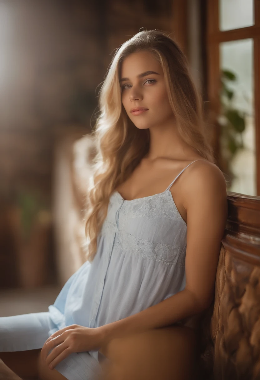 Full view of gorgeous 18-year-old blue-eyed Russian , Very thin and naked in bed spreading her legs