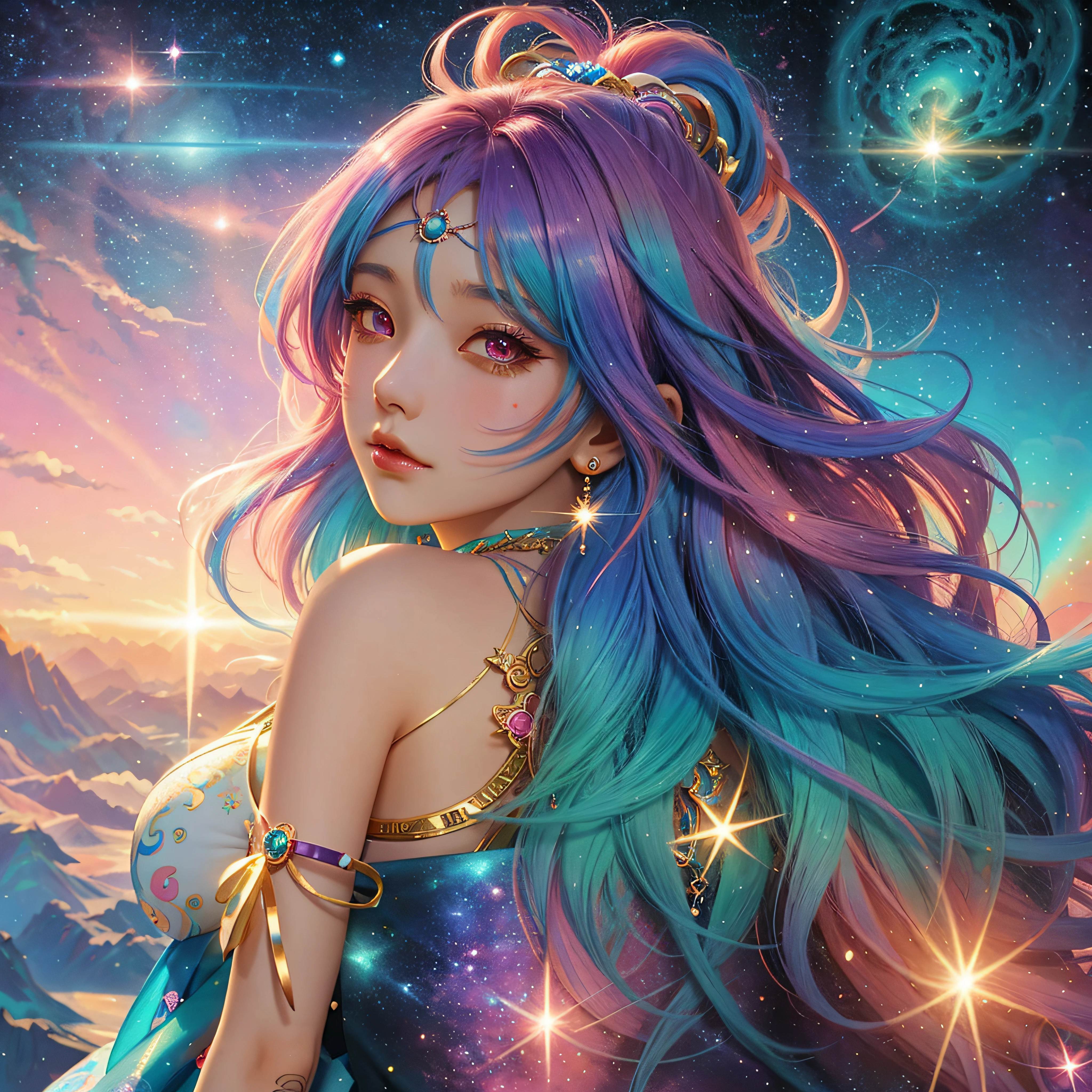 Close-up of a woman with colorful hair and necklace, anime girl with cosmic hair, The soft vibrancy of Ross Dres, Gviz-inspired artwork, Fantasy Art Style, Colorful]", vibrant fantasy style, rossdraws cartoon vibrant, Colorful, guweiz, colorfull digital fantasy art, stunning art style, beautiful anime style, Glowing hair、huge udder