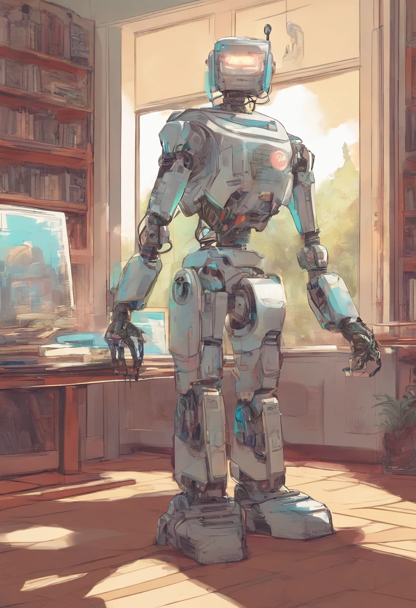 In a living room with a book, a robot with a semi-transparent body is sitting at a desk, looking at a laptop, with a wide field of view, ultra-realistic, highly detailed, digital painting, concept art, smooth, sharp focus, and wide-angle shot.