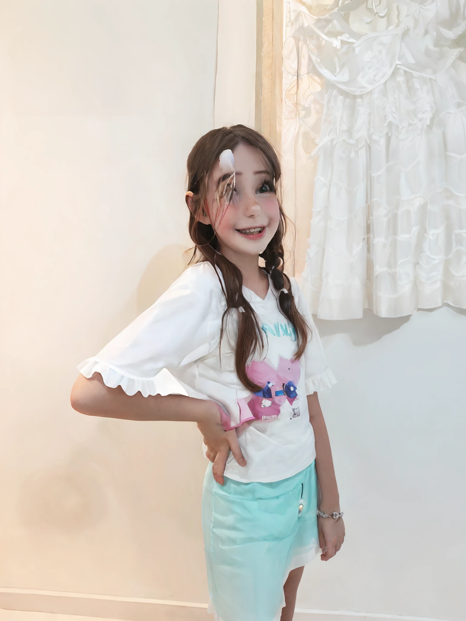 there is a young girl standing in front of a white wall, vestido com uma camiseta branca, she is smiling and excited, Directed by: Felipe Seade, com cabelos longos, modelagem para dulce e gabanna, Directed by: Olivia Peguero, by Amelia Peláez, she is smiling and happy, ela expressando alegria, ela tem cerca de 1 6 anos de idade