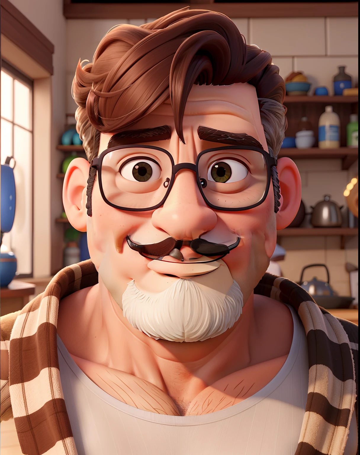 Homem gordinho, 55 anos, cabelo e barba um pouco grisalha, With eye Glasses