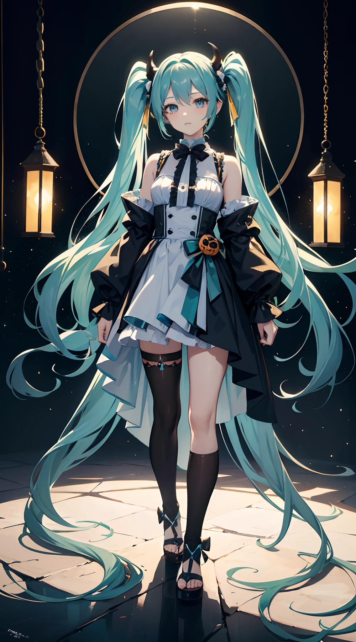 Absurdres masterpiece HDR high quality picture of Hatsune Miku, very girl 14 years ailed face, simple hair design , beautiful face, hands on waist and hands are hiding in her hair and clothes , very long hair, ((random hair style:1 )) , anime eyes, light skin ,
Halloween Festival outfit , succubus outfit, detailed hair ornaments , Halloween town background, masterpiece scenery