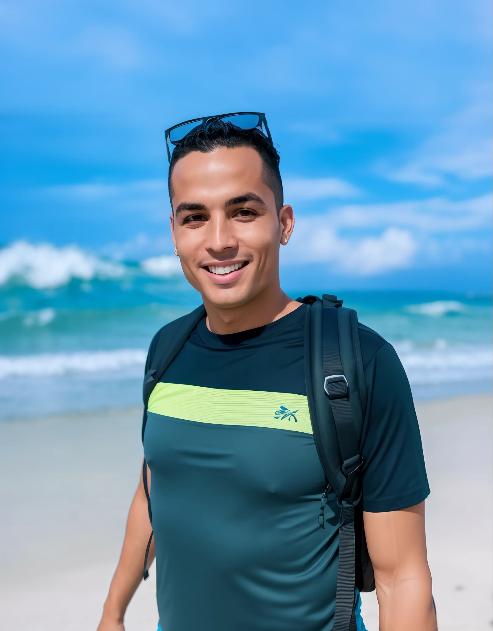 Homem sorridente com mochila na praia com o oceano no fundo, imagem do avatar, caio santos, Joel Torres, imagem de perfil, foto de perfil 1024px, oceano ao fundo, Mohamed Chahin, foto de perfil headshot, edu souza, standing at the beach, Cristiano Orrillo, Alex Miranda, posando em uma praia com o oceano, Alex Flores, Postagem no Reddit
