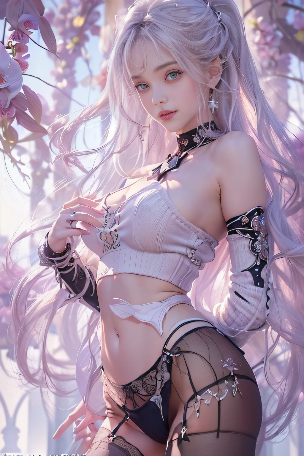 ((tmasterpiece:1.4)、(top-quality:1.4)、(reallistic:1.7))、By Luis Royo（By Luis Royo）Surreal portrait of a beautiful girl、Super beautiful girl、((1girl in:1.4))、Shiny natural skin texture、Authors：By Luis Royo（By Luis Royo）、age19、(Two arms:1.4、Two legs:1.4)、(perfect anatomia:1.4)、(Perfect female body:1.4)、Portrait photo of a girl、Close-up photos、Full body shooting、((masutepiece:1.4), (of the highest quality:1.4), (Realistic:1.7), By Luis Royo, Beautiful Girl, Super beautiful girl, ((1girl in:1. 4), Shiny natural skin texture, Authors: By Luis Royo, 19 years old, (Perfect female body: 1.4), (Perfect female body: 1.) 4), Portrait photo of a girl, Close-up photos, （Full body photo）, Fantasy Art, Soft front light, Beautiful expression, Kawaii face, Beautiful breasts, Large Full Breasted: 1. 2, Beautiful buttocks, Fine eyes, Clear and eye-catching, beautiful and alluring, Beautiful eyes, thin waist, Raw photo, Red lips, ((White hair, Long hair)) , 1 Screen View, ),((Off-the-shoulder hand-knitted sweater))、((Black tight skirt)）、 (sexyposture), (the milky way in the sky),((T-back panties))、((Black garters and garter belts))、(A smile)、((Vaginal orchids)）、((erection)）