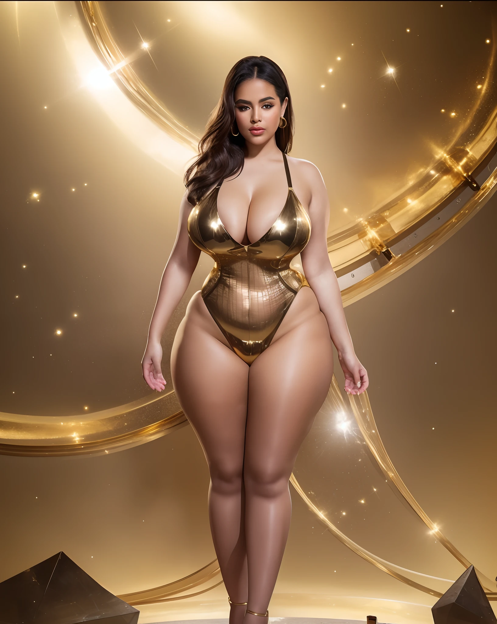 a close up of a woman in a gold bodysuit posing for a picture, elegant gold body, curvy hourglass figure, giant stunning goddess shot, thick body, curvy body, thicc, alluring plus sized model, sexy body, voluptuous body, sexy look, sexy hot body, gold body, gold transparent bikini, curvy figure, sexy girl
