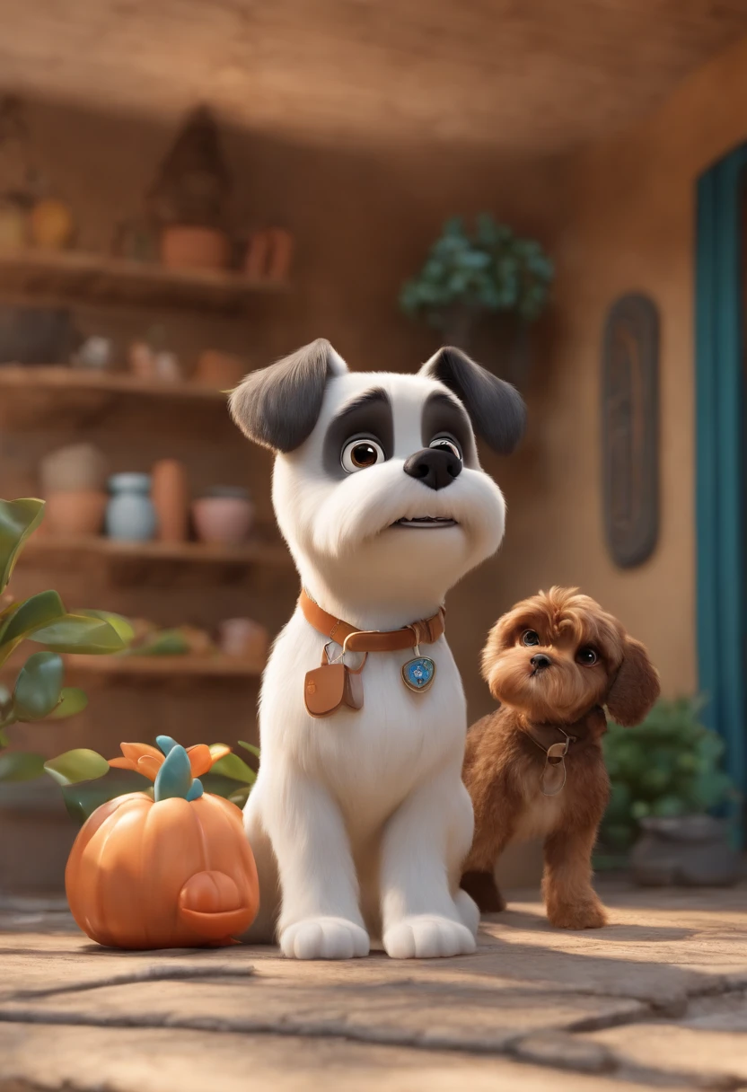 Create a Disney PIXAR-style 3D poster. ((centro da imagem)), ((2 adults and 3 children)) ((1 menina de 7 anos no meio e 2 meninos de 20 e 22 anos ao lado, They're hugging each other, O menino de 20 anos tem pele branca e cabelos castanhos claros encaracolados e olhos castanhos escuros, o menino de 22 anos tem pele clara, olhos castanhos claros e cabelos escuros, ambos os meninos usam cavanhaque bem ralinho, a menina de 7 anos tem pele branca, olhos escuros e cabelos escuros e lisos)), o primeiro adulto, is man, The tallest one is kinda chubby, tem pouco cabelo, olhos e cabelos castanhos escuros e usa cavanhaque bem cheio, the second adult is a woman, pelo branca, cabelos castanhos com luzes em loiro, rosto redondinho e um pouco acima do peso, ((tudo isso no estilo Disney PIXAR 3D, In the background, casa com piscina e churrasqueira, Gloria Studio, and a white shih tzu dog with brown on the ground, 3D render RTX material de argila, estilo de design cartunesco, POP Mart, soft lighting, linhas suaves, Spring tilt, Detailed illustrations of PIXAR 3D, Detalhes hiper-realistas, cor quente no estilo Disney PIXAR 3D))