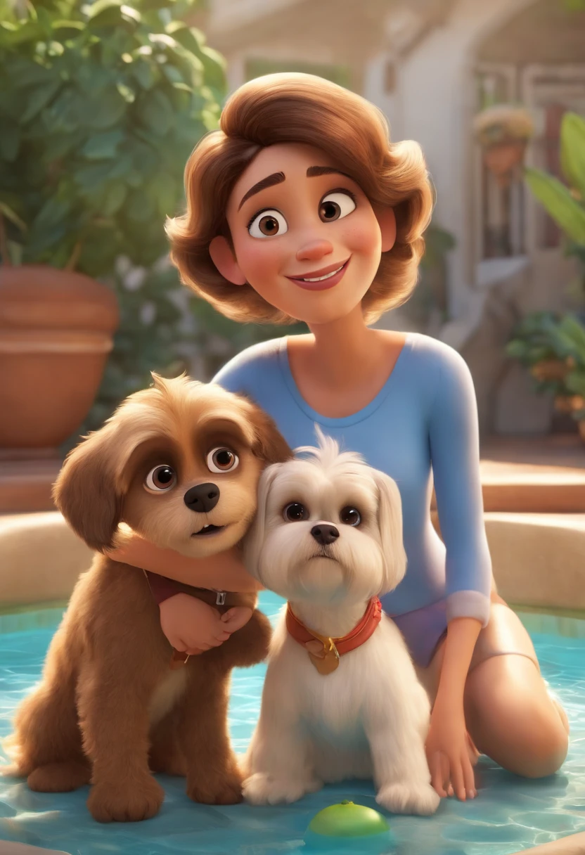 Create a Disney PIXAR-style 3D poster. ((centro da imagem)), ((2 adults and 3 children)) ((1 no meio e 2 meninos de 20 e s ao lado, They're hugging each other, O menino de 20 anos tem ranca e cabelos castanhos claros encaracolados e olhos castanhos escuros, o menino de 22 anos tem pele colhos castanhos claros e cabelos escuros, ambos os meninos usam cavanhaque bem ralinhenina de 7 anos tem pele branca, olhos s escuros e lisos)), o primeiro adulto, is man, The tallest one is kinda chubby, tem pouco cabelo, olhos e cabelos castanhos escuros e usa cavanhaque bem cheio, the second adult is a woman, pelo branca, cabelos castanhos com luzes em loiro, rosto redondinho e um pouco acima do peso, ((tudo isso no estilo Disney PIXAR 3D, In the background, casa com piscina e churrasqueira, Gloria Studio, and a white shih tzu dog with brown on the ground, 3D render RTX material de argila, estilo de design cartunesco, POP Mart, soft lighting, linhas suaves, Spring tilt, Detailed illustrations of PIXAR 3D, Detalhes hiper-realistas, cor quente no estilo Disney PIXAR 3D))