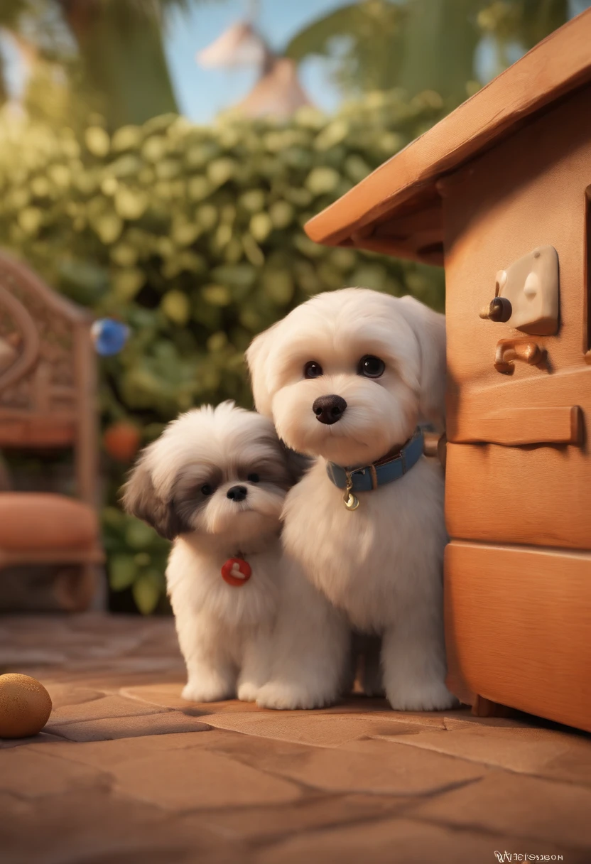 Create a Disney PIXAR-style 3D poster. ((centro da imagem)), ((2 adults and 3 children)) ((1 menina de 7 anos no meio e 2 meninos de 20 e 22 anos ao lado, They're hugging each other, O menino de 20 anos tem pele branca e cabelos castanhos claros encaracolados e olhos castanhos escuros, o menino de 22 anos tem pele clara, olhos castanhos claros e cabelos escuros, ambos os meninos usam cavanhaque bem ralinho, a menina de 7 anos tem pele branca, olhos escuros e cabelos escuros e lisos)), o primeiro adulto, is man, The tallest one is kinda chubby, tem pouco cabelo, olhos e cabelos castanhos escuros e usa cavanhaque bem cheio, the second adult is a woman, pelo branca, cabelos castanhos com luzes em loiro, rosto redondinho e um pouco acima do peso, ((tudo isso no estilo Disney PIXAR 3D, In the background, casa com piscina e churrasqueira, Gloria Studio, and a white shih tzu dog with brown on the ground, 3D render RTX material de argila, estilo de design cartunesco, POP Mart, soft lighting, linhas suaves, Spring tilt, Detailed illustrations of PIXAR 3D, Detalhes hiper-realistas, cor quente no estilo Disney PIXAR 3D))