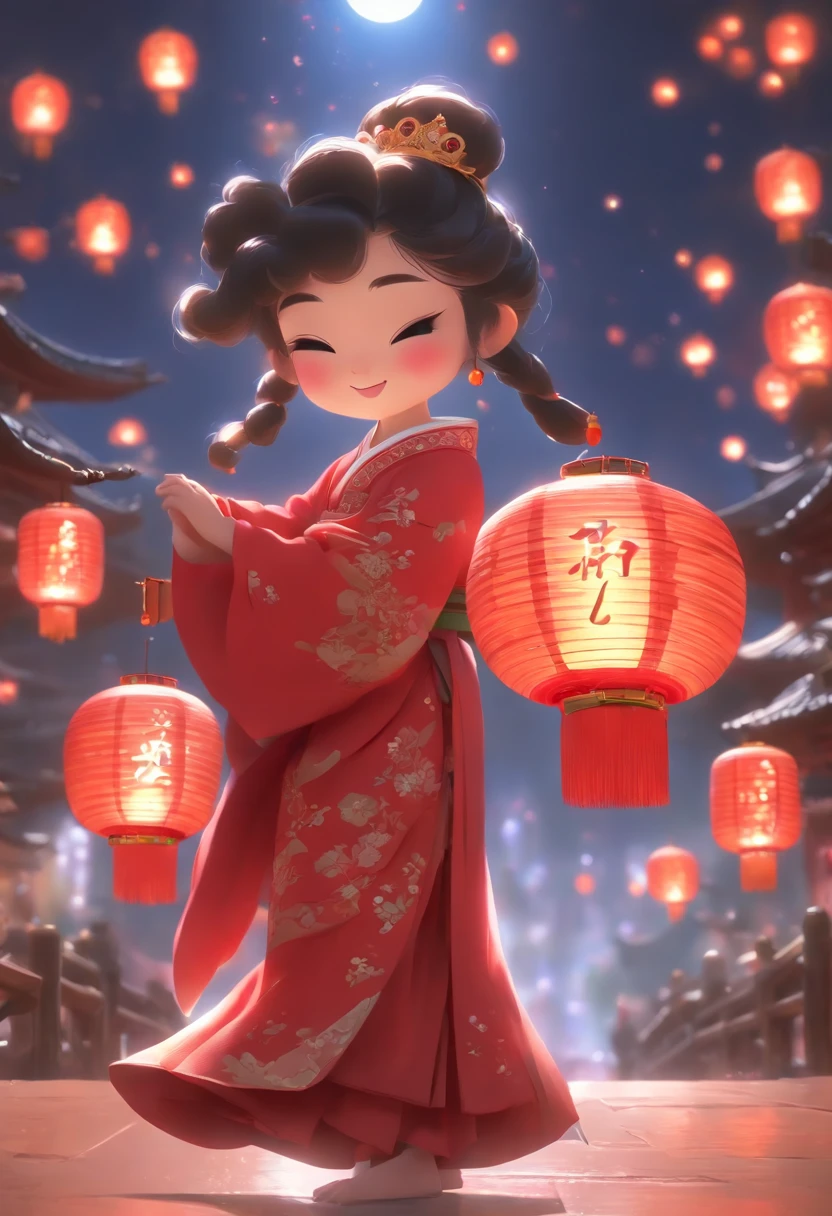 Super cute little anthropomorphic,Wearing a red Chinese Hanfu in Pixar style, she's a princess,she is walking,Ela olhou em volta,apreciando a paisagem,She loves the mid-autumn festival celebrations,The background is a starry sky and a full moon, Olhos grandes encantadores,cauda bonito,super realistic,Super Detalhe,luxuoso,elegante,gorgeous,illusory engine,rendering by octane, 8k,Raio V,super realistic