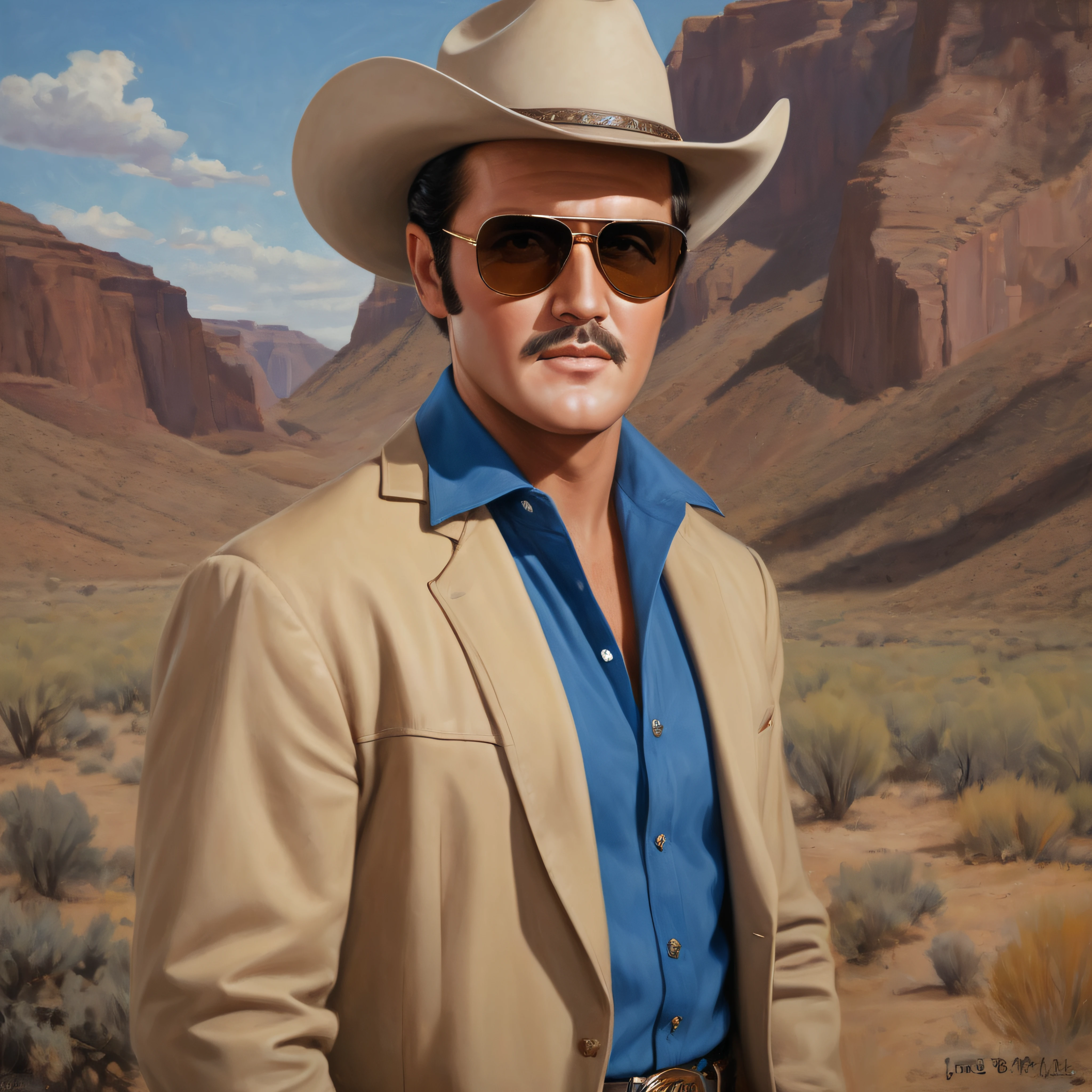 Lee Majors/George Reeves/Elvis Presley hybrid, 180 pound man with a mustache, wearing a tan jacket, a blue shirt, a dark brown Stetson cowboy hat, sunglasses, extremely short, buzz-cut hair and a thin, dark mustache, cobalt-blue eyes, oil painting on canvas in the art style of Julie Bell