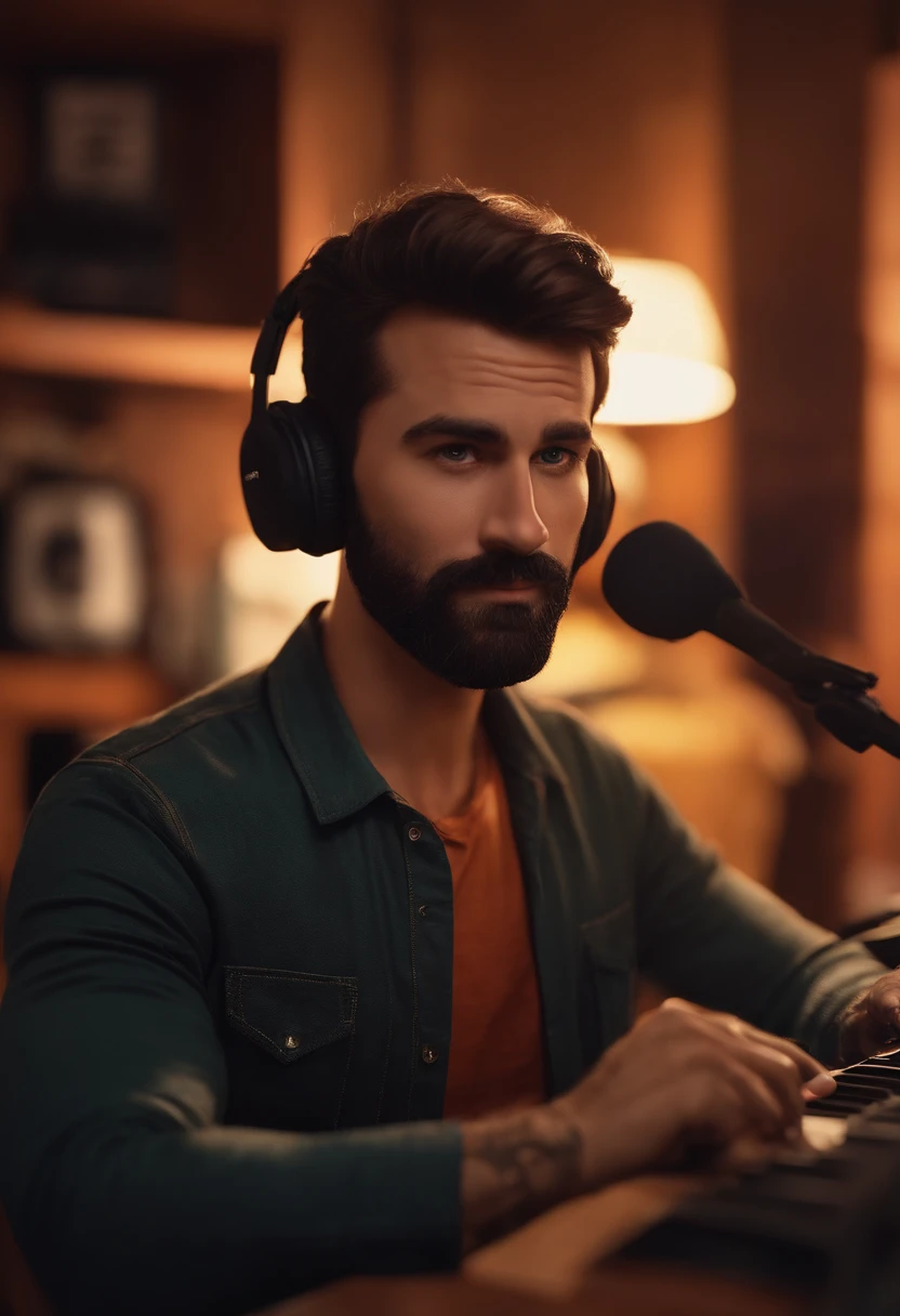 um homem, em breve, barba long olhos castanhos, com fones de ouvido, A music studio in the background, Imagem no estilo Pixar, Estilo de filme animado 3D, Disney, camiseta preta