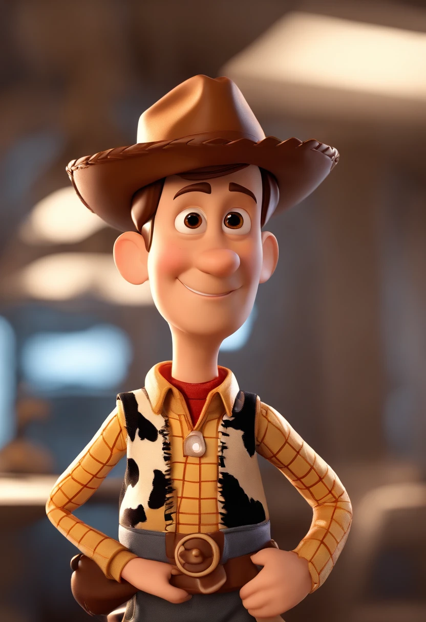 personagem dos desenhos animados de um homem baseado no personagem n o Xerife Woody e uma camisa verde escura, animation character, Caractere estilizado, animation style rendering, 3D estilizado, Arnold Maya render, 3 d render stylized, toon render keyshot, Personagem 3D, Personagem 3D, 3d rendering stylized, 3 d character render, personagem de desenho animado, Personagem de close up, Pose de personagem, (Estilo Pixar) (master part:1.2) (Bokeh) (best quality) (pele detalhada) (textura detalhada) (8k) (argila) (Cinematic lighting) (foco nítido). Ao fundo, We see building structures under construction and other workers and a concrete mixer truck next to it in white color.