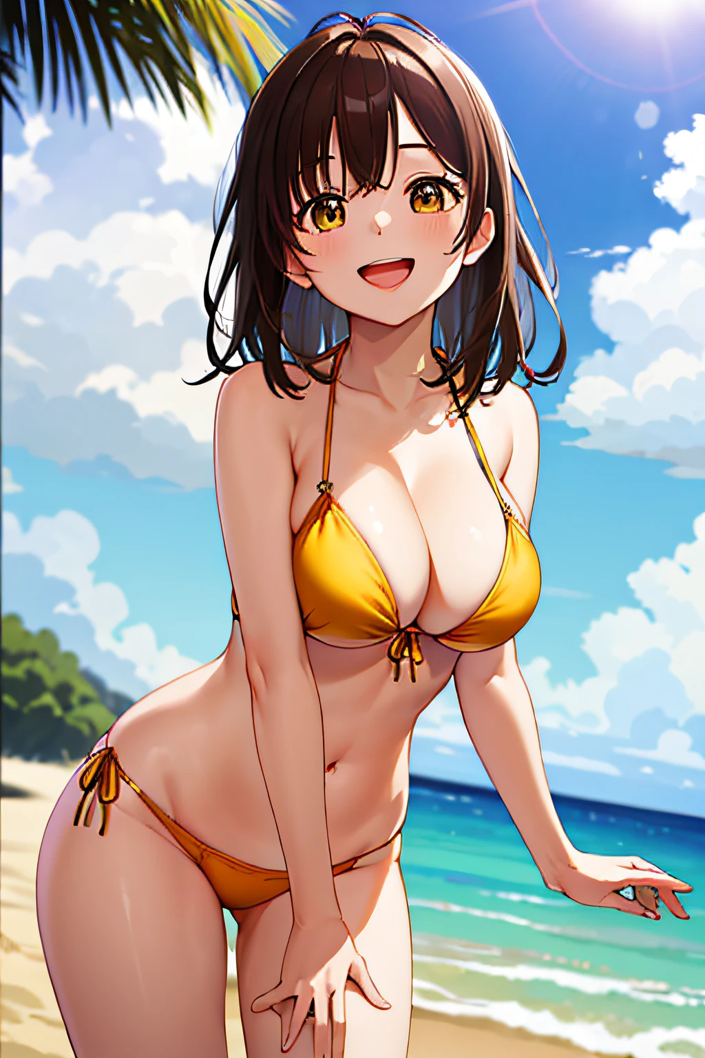 ​masterpiece, top-quality, hight resolution, 1girl in, brown haired, length hair, bangss, Brown-eyed,well balanced large breasts、Yellow Bikini、Sandy beach on a sunny day、A smile、open open mouth、Flushed cheeks