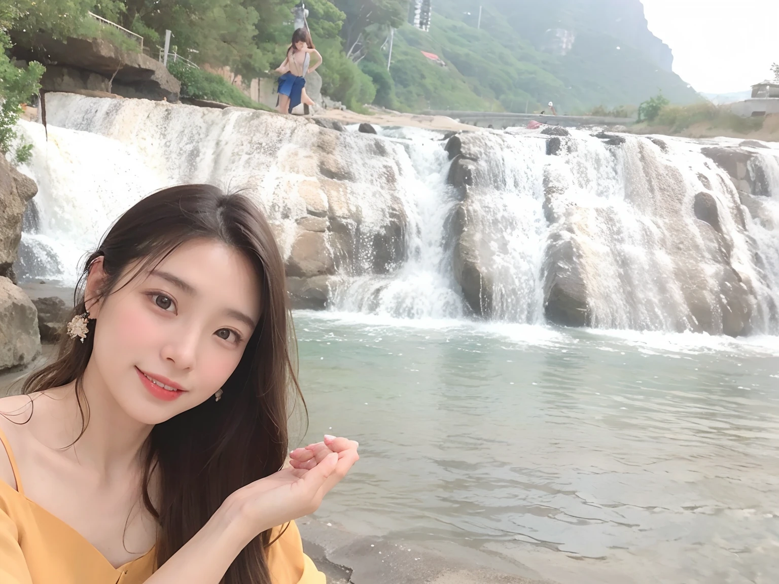 ((top-quality、8K、masterpies:1.3))、1girl in、fullnude、Beautiful woman with slim abs accent:1.3、Super boobs:1.4)、Super Detail Face、Delicat eyes、二重まぶた、Soft breasts、facial expression of smile、Ultra exposed cleavage、poneyTail、brown haired、20yr old、mare、Sea background、mare、real looking skin