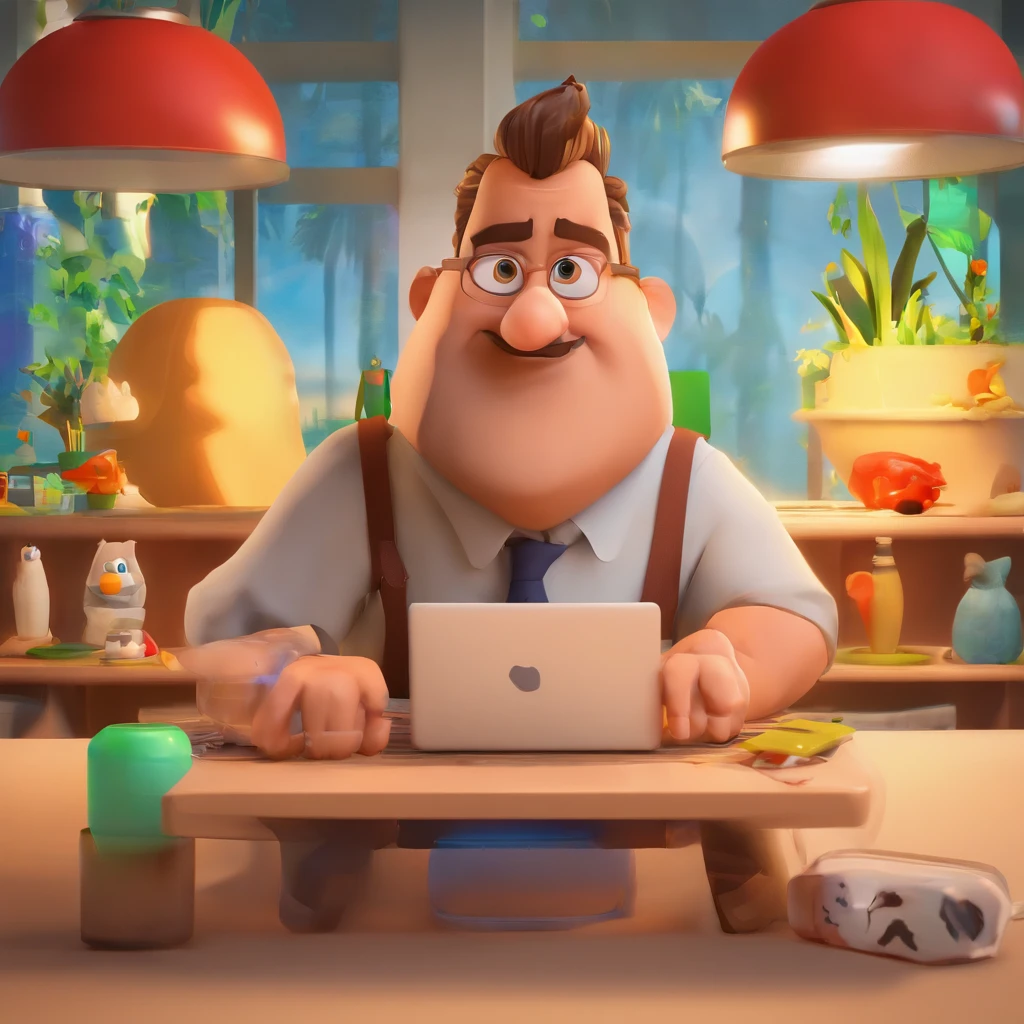 Criar um personagem no estilo Pixar. Trata-se de um homem de 40 anos, Branco, com cabelos castanhos curtos, meio calvo, e olhos castanhos. Ele deve estar na frente de um computador, Trabalhar como designer