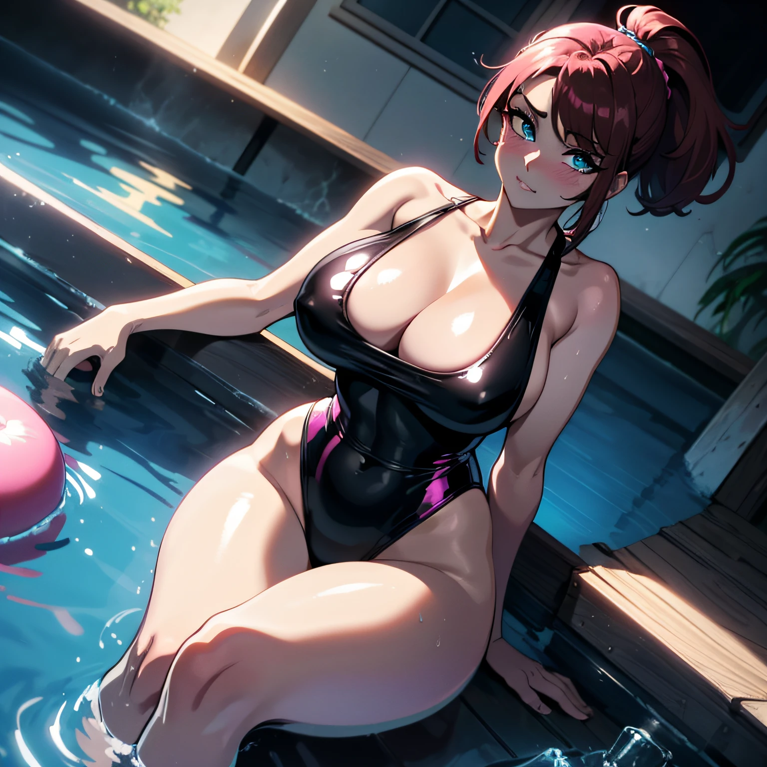 (one female: 1.5) wearing metallic neon pink one piece swimsuit, brown long ponytail, beautiful blue eyes, showing cleavage, sitting alone in jacuzzi in back yard of house, alone (SOLO: 1.5),(ALONE: 1.5), large chest, curvy, perfect body close shot, best quality:1.5, sexy legs, hide hands behind back, sagging boobs, soft smile, blushing