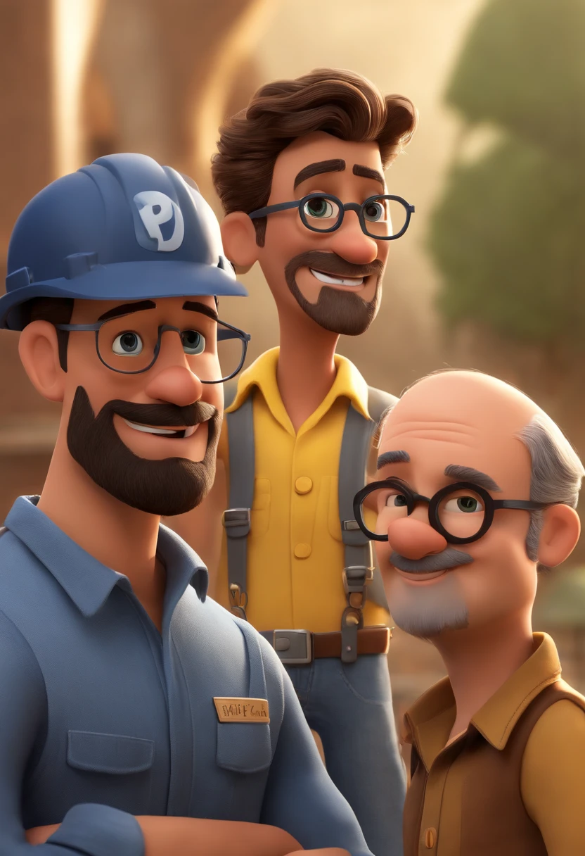 Pixar. three men. Um dos homens com barba branca, Camisa amarela e jeans claro. O outro homem de cabelo curto pretos e barba , Dark blue jeans and gray shirt, The last man with goatee and glasses wearing blue shirt. Everybody's working on a construction