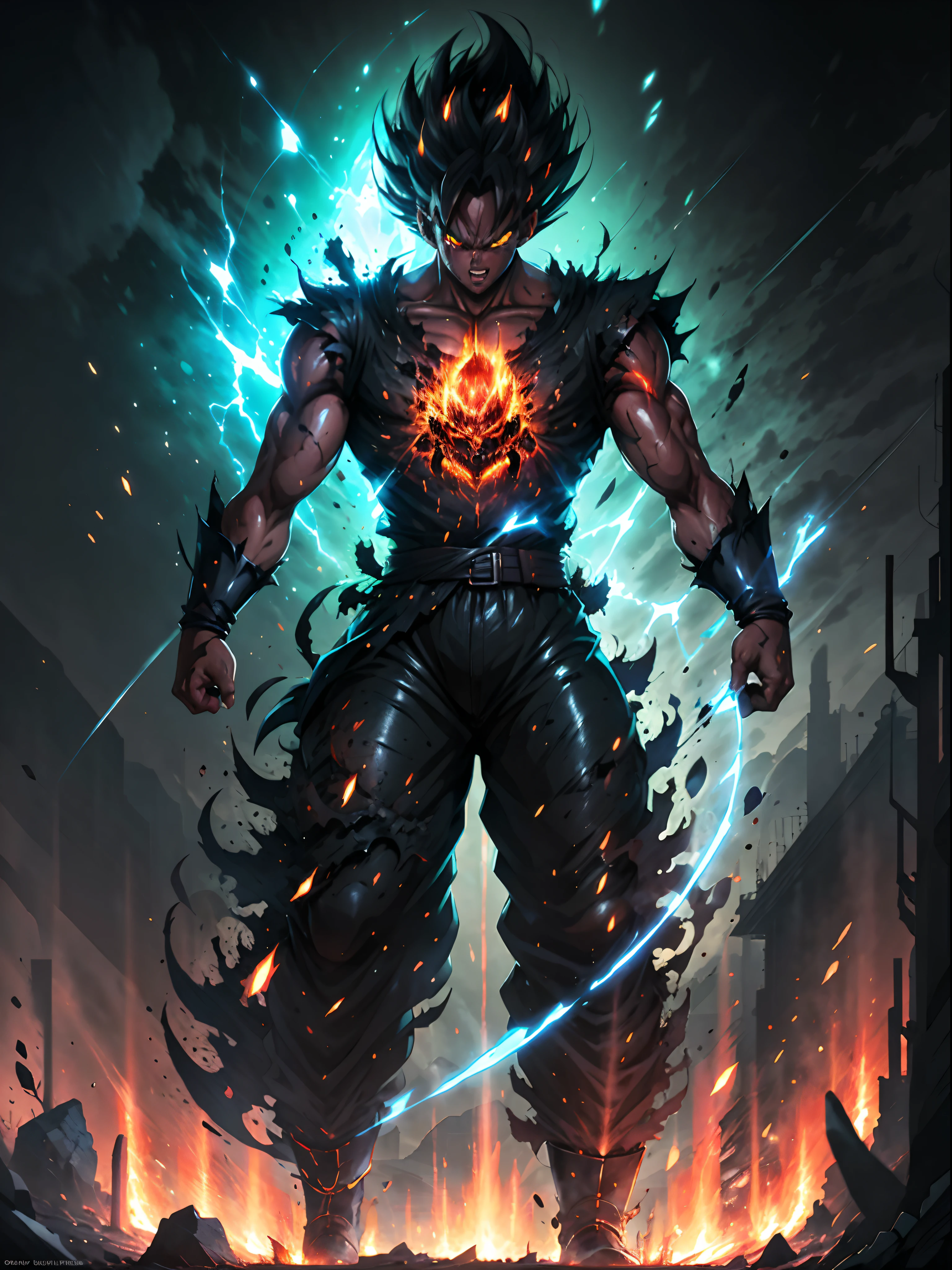 Black demon god with handsome face, glowing red eyes, transformed state mode, extreme instinct, epic anime about energy man, fire, lava, anime epic artwork, concept art Dragon Ball Universe concept, manga 8k wallpaper, detailed digital anime art, advanced digital anime art, detailed anime artwork, 8k badass anime