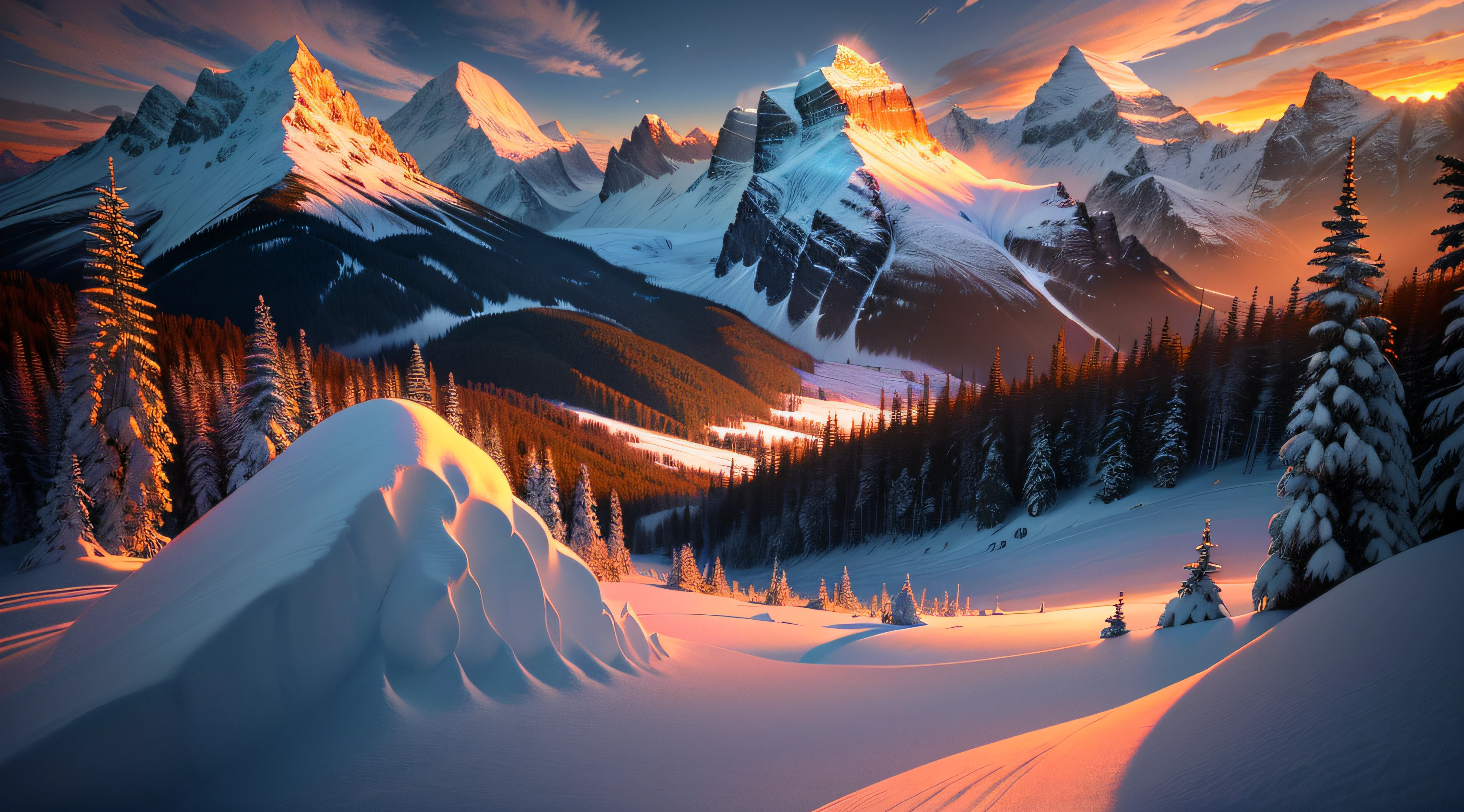 The mountains are covered in snow，Densely wooded，Sunset, mountain sunrise, last light on mountain top, ryan dyar, inspired by Michael Komarck, epic sunrise, sunrise light, log cabin beneath the alps, Sunset light, Amazing wallpapers, Beautiful wallpaper, Wallpaper 4k, wallpaper 4 k, sunshine lighting high mountains, 8K stunning artwork, marc adamus，Fantastic clouds