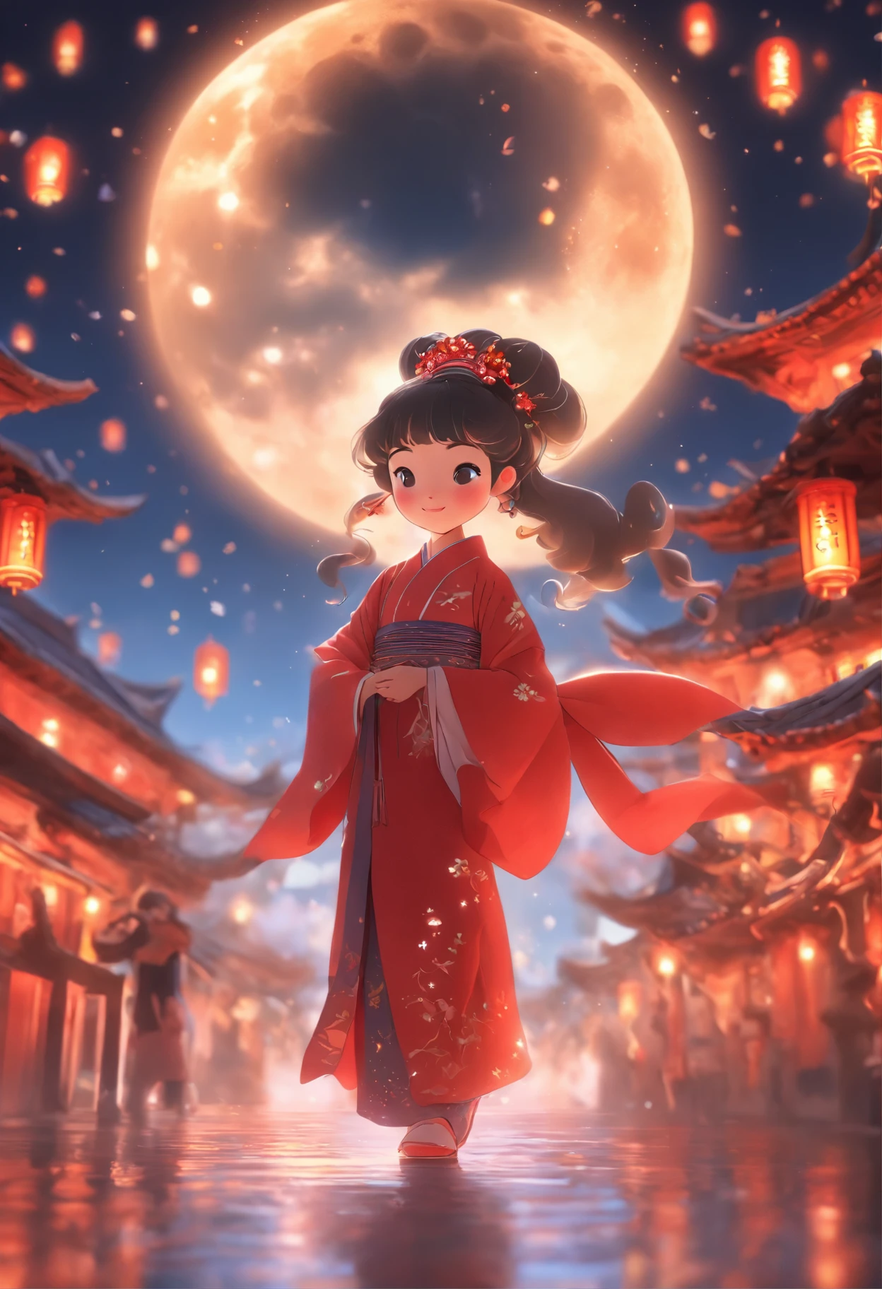 Super cute little anthropomorphic，Wearing a red Chinese Hanfu in Pixar style, she's a princess，she is walking，Ela olhou em volta，apreciando a paisagem，She loves the mid-autumn festival celebrations，The background is a starry sky and a full moon， Olhos grandes encantadores,cauda bonito,super realistic,Super Detalhe,luxuoso,elegante,gorgeous,illusory engine,rendering by octane, 8k,Raio V，super realistic