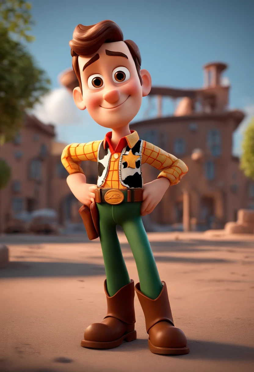 personagem dos desenhos animados de um homem baseado no personagem n o Xerife Woody e uma camisa verde escura, animation character, Caractere estilizado, animation style rendering, 3D estilizado, Arnold Maya render, 3 d render stylized, toon render keyshot, Personagem 3D, Personagem 3D, 3d rendering stylized, 3 d character render, personagem de desenho animado, Personagem de close up, Pose de personagem, (Estilo Pixar) (master part:1.2) (Bokeh) (best quality) (pele detalhada) (textura detalhada) (8k) (argila) (Cinematic lighting) (foco nítido). Ao fundo, We see structures of buildings under construction and other workers and a concrete mixer truck next to it in white color.
