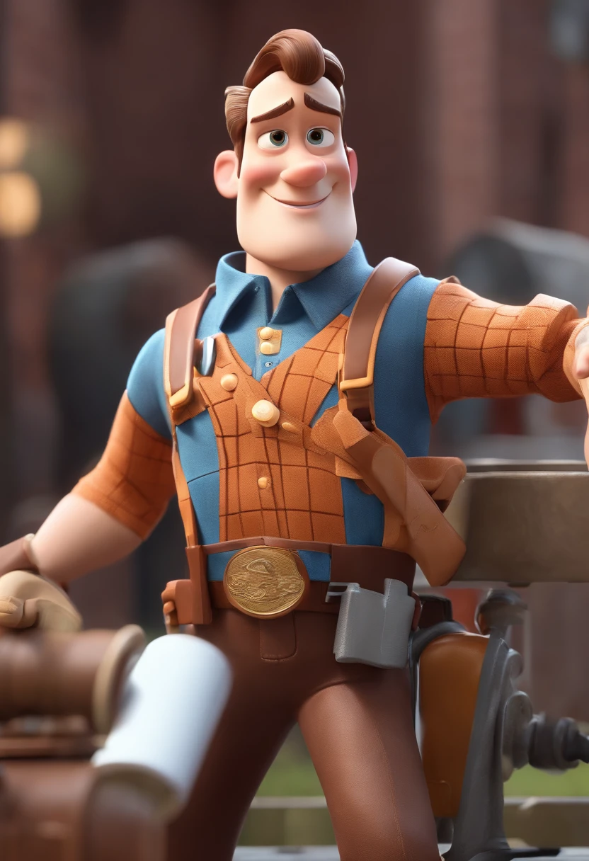 personagem dos desenhos animados de um homem baseado no personagem n o Xerife Woody e uma camisa verde escura, animation character, Caractere estilizado, animation style rendering, 3D estilizado, Arnold Maya render, 3 d render stylized, toon render keyshot, Personagem 3D, Personagem 3D, 3d rendering stylized, 3 d character render, personagem de desenho animado, Personagem de close up, Pose de personagem,  (Estilo Pixar) (master part:1.2) (Bokeh) (best quality) (pele detalhada) (textura detalhada) (8k) (argila) (Cinematic lighting) (foco nítido). Ao fundo, We see structures of buildings under construction and other workers and a concrete mixer truck next to it in white color.