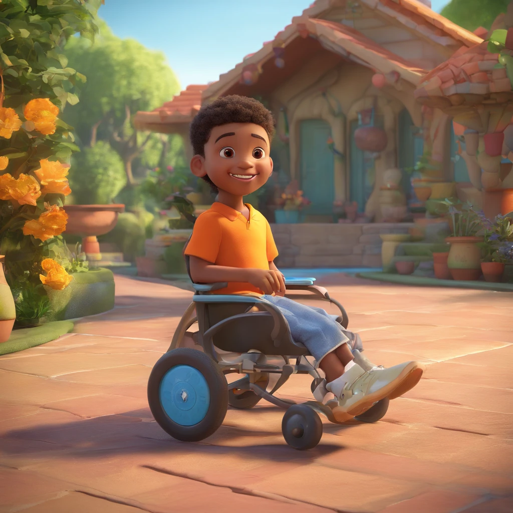 create a 3D movie poster inspired by Disney Pixar, The scene should be in Pixar's signature digital art style, with a picture of white child, black child, Brown child, Child in a wheelchair, Brown child, indigenous child, The scene is in a garden. All the kids are smiling and playing together