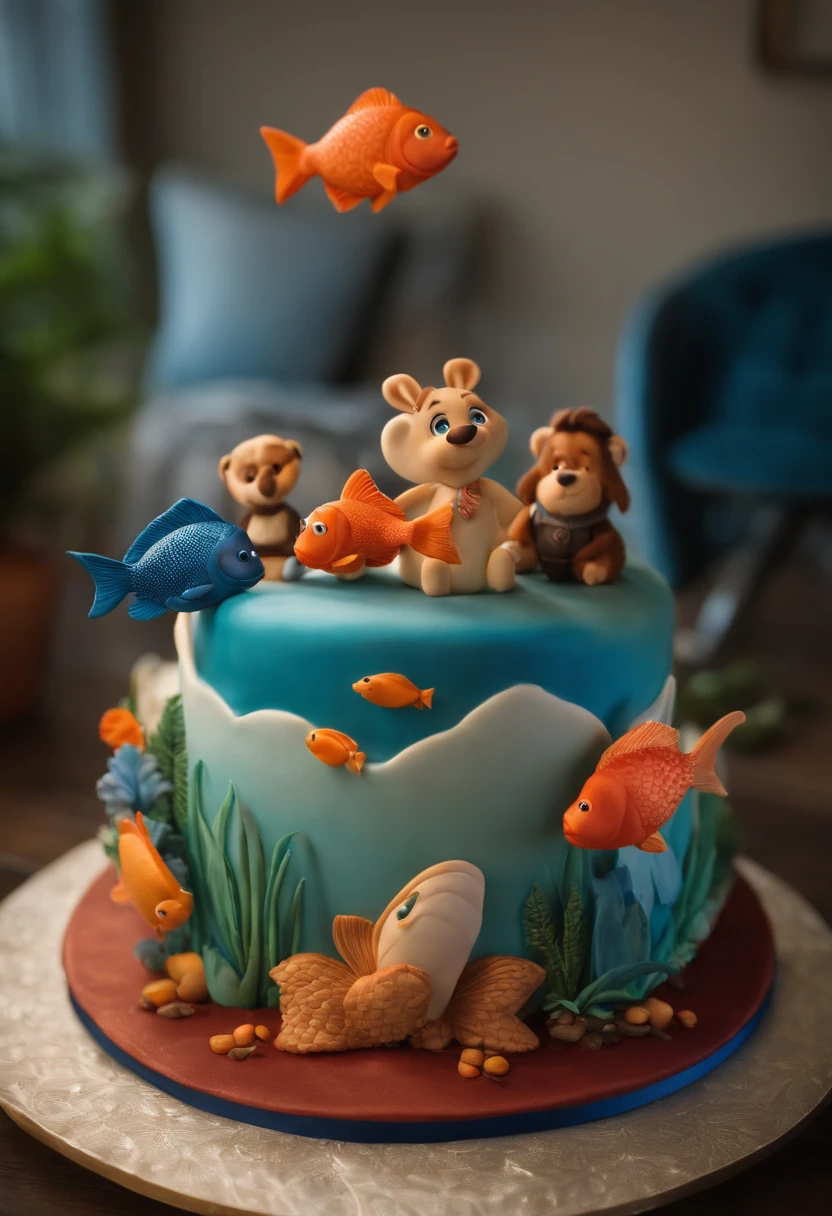 There are two people standing in front of a fish themed cake, 1614572159, pano de fundo, marido esposa e filho, Happy family, blue themed, Directed by: Carla Wyzgala, Alex Yanes, Directed by: Robbie Trevino, by Amelia Peláez, imagem de perfile no fundo com o nome Disney Pixar