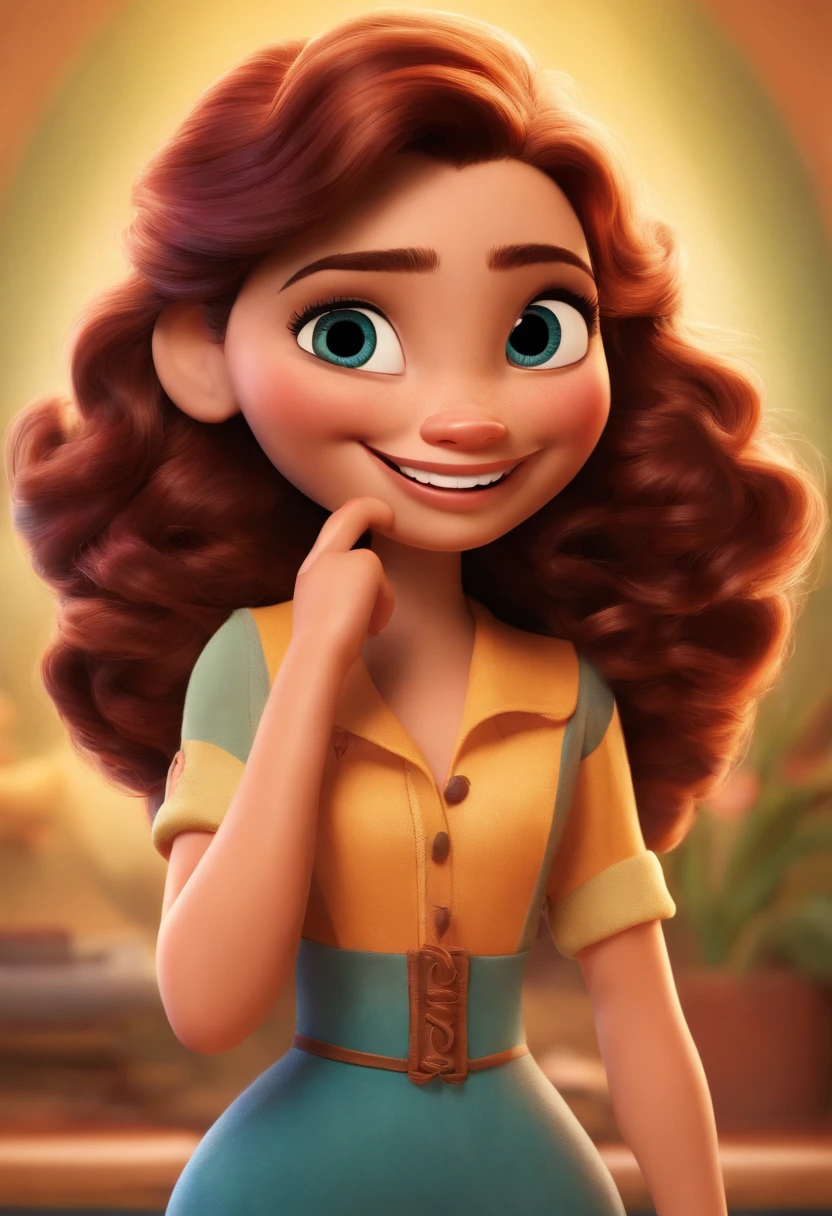 Imagem estilo Pixar com personagem 3D mulher morena cabelo liso curto no Studio de manicure Maquiagem Disney, sorridente ,Close-up, Pixar, Disney, Cinema lighting,