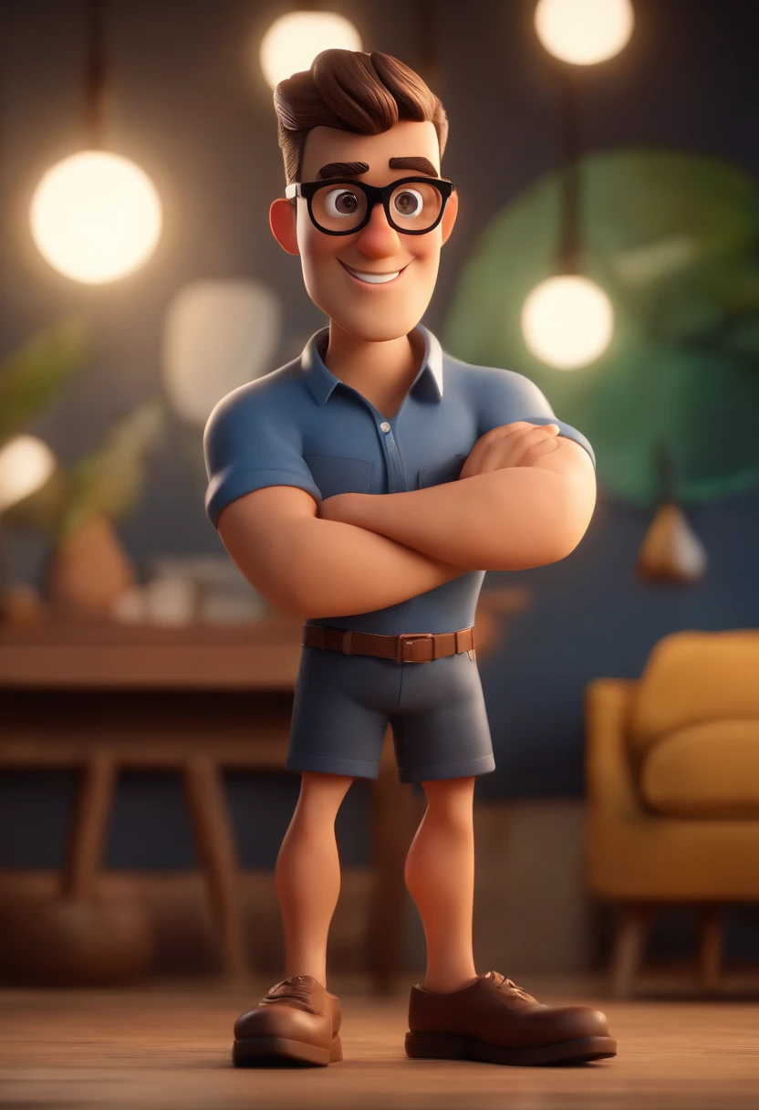 Cartoon character of a man wearing black glasses and a blue shirt, um personagem animado, Caractere estilizado, animation style rendering, 3D estilizado, Arnold Maya render, 3 d render stylized, toon render keyshot, Personagem 3D, Personagem 3D, 3d rendering stylized, 3 d character render, personagem de desenho animado, Personagem de close up, Pose de personagem, (Estilo Pixar) (master part:1.2) (Bokeh) (best quality) (pele detalhada) (textura detalhada) (8k) (argila) (Cinematic lighting) (foco nítido,Senta e vaza a parte superior do corpo