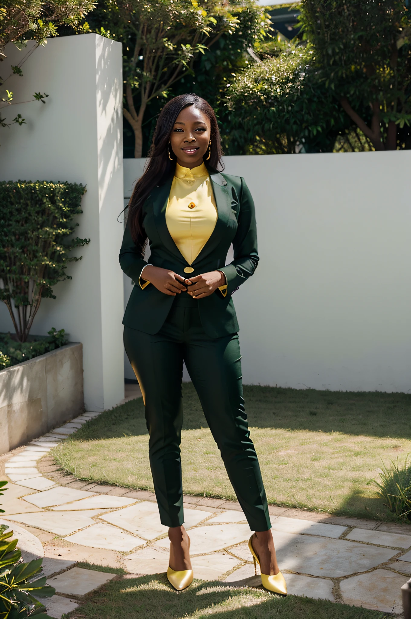 realistic modern two storey office building with the logo Mohale&Mohale on the wall. green and gold color scheme, big garden landscape, beautiful black female lawyer hourglass figure in professional claddy suit standing outside in the garden smiling, 4K, wide angle, stunning