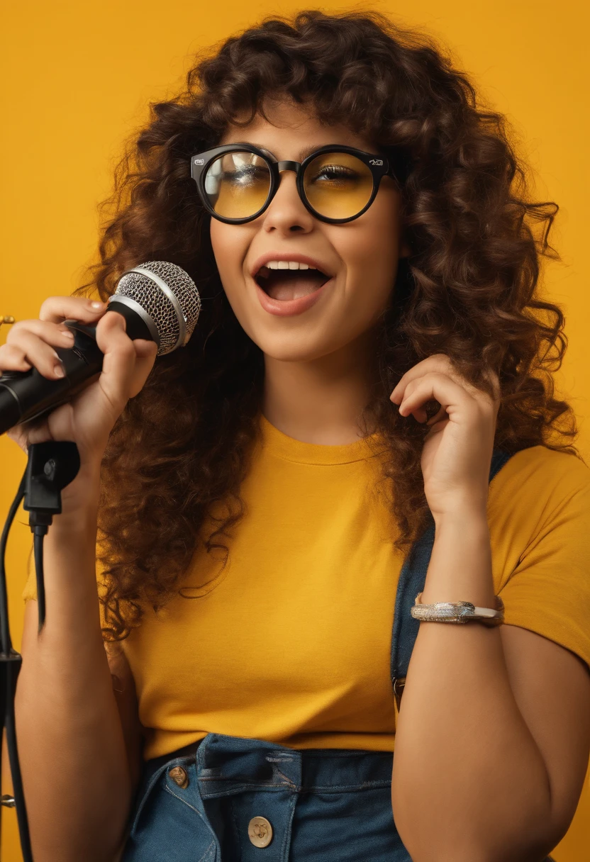 Girl singing with microphone in hand, cabelo castanho cacheado com californiana no cabelo, Yellow Round Glasses, button t-shirt, gorda com piercing no nariz