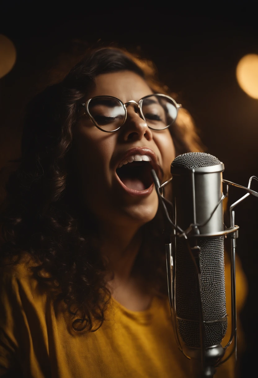 Girl singing with microphone in hand, cabelo castanho cacheado com californiana no cabelo, Yellow Round Glasses, button t-shirt, gorda com piercing no nariz