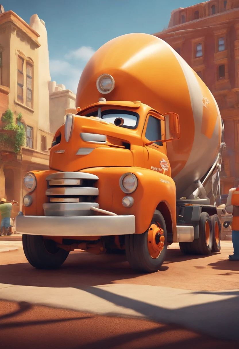 Create a Pixar-style poster. In this Disney-style poster create a white concrete mixer truck inspired by the animation Doc Hudson.o fundo, We see building structures under construction and other workers.