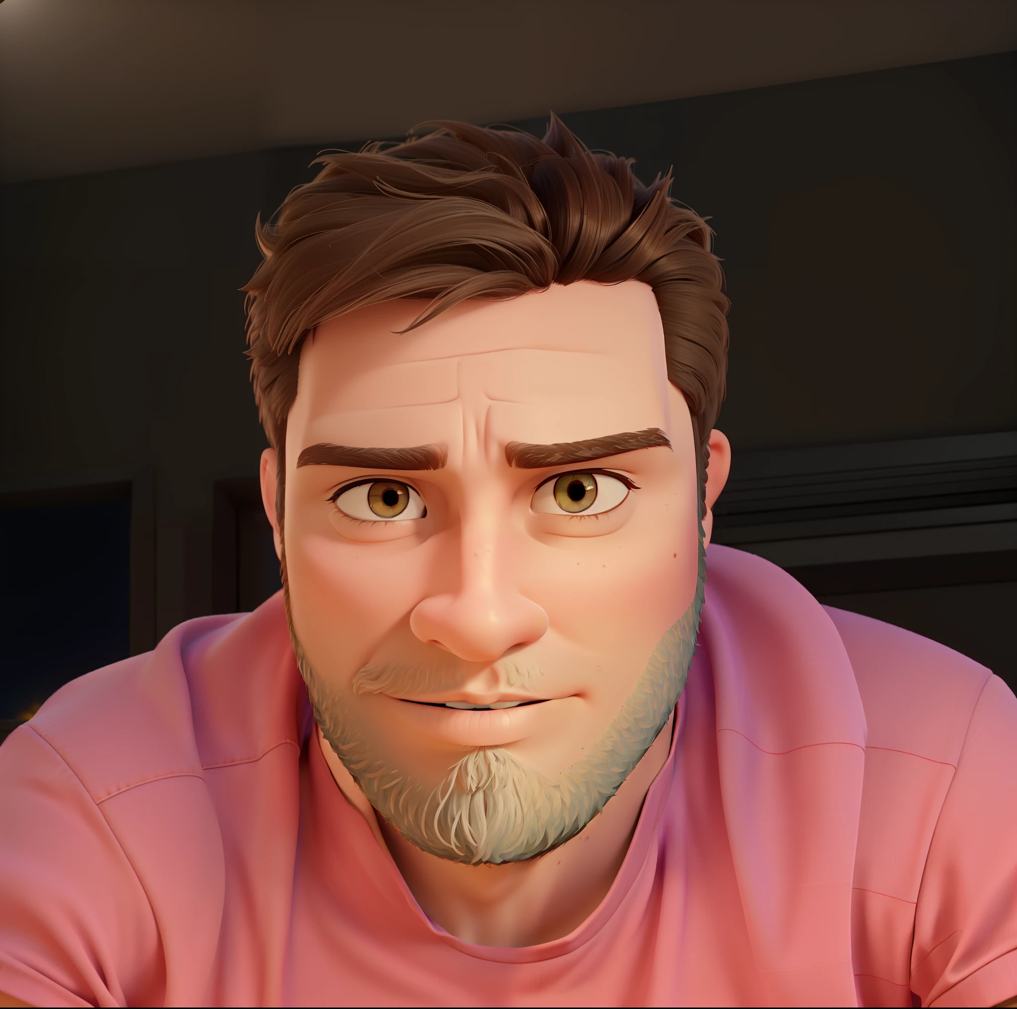 (best quality,4k,highres,masterpiece:1.2),a 28-year-old boy with short beard,intense gaze,illuminated by the frontal light from a window, against the backdrop of a vibrant, colorful Pixar-style movie like Luca