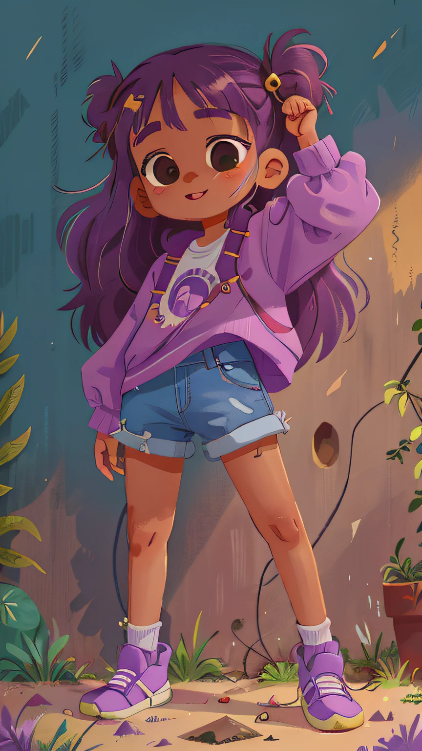 uma menina de 14 anos de idade, 14 years old, de cabelo longo preto e enrolado, happy, She's wearing a soft and cute clothes, feliz, qualidade perfeita, foco claro, soft, clean, purple hair, cabelo roxo other poses