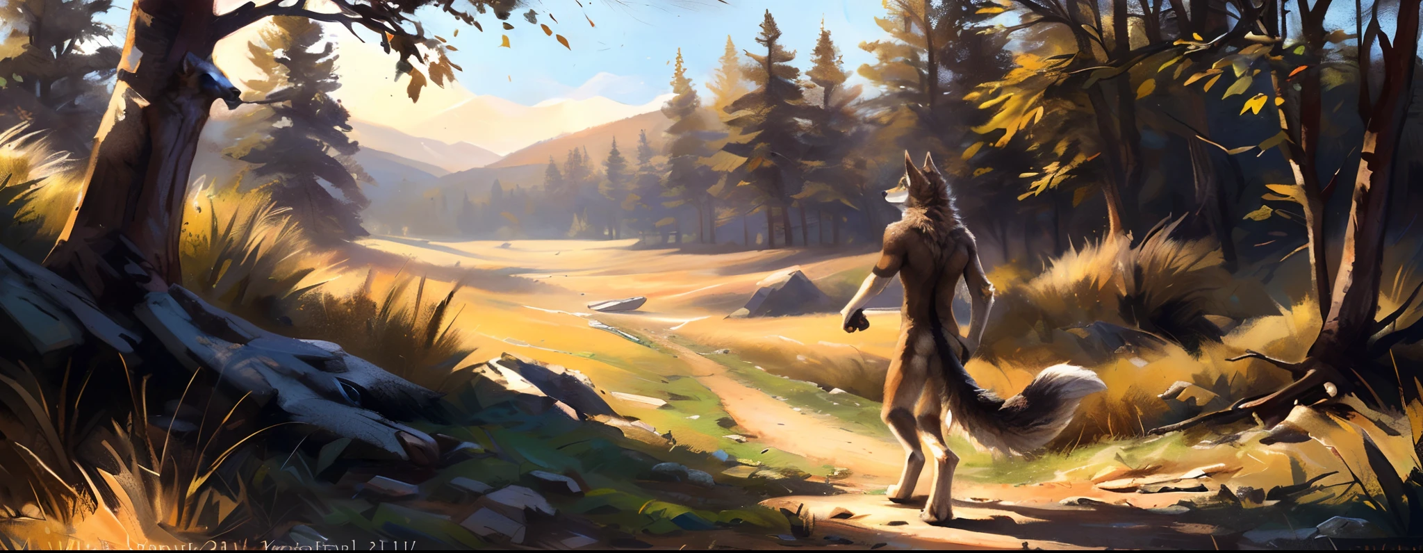 ((Solo)), Male, coyote, (Multi-colored fur, White-brown:1.3,White tail pointed), (Body length 1.8 meters,Tail length 1.2m), ((Wolf face, White hair, Big eyes, White eyelids, Blue pupil, Slim:1.2) (Tough, Calm expression:1.2)), Robust,Slim, pinging)), (Correct body anatomy), A long big tail,Feet,Longer torso,Well-proportioned limbs,(Realistic fur, Detailed fur texture, labeled:1.3)), (Natural lighting), Photorealistic, Hyperrealistic, ultradetailed, by Kenket,Naked all over the body,Endless grasslands,Walking