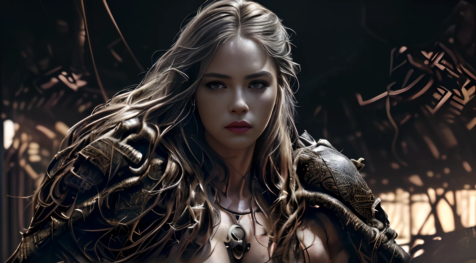 ((Top Quality: 1.4))), (Unparalleled Masterpiece), (Ultra High Definition), (Art by Carne Griffiths), (Ultra-Realistic 8k CG), official art, hands on head, viewed from below, (Dark Shot), Beautiful gladiator, highly detailed armor and Gauntlets, messy Hair, beautiful cleaned face, muscular_body:1.4, tanned skin:1.2, half body image from head to thigh, many tribal tattoos on body, curvy body:1.2, looking to the camera, ancient Rome city background, sunlight makes beautiful gradient of shadow and adds depth to image, (muted colors, dim colors, muted tones: 1.3), low saturation, (hyper detail: 1.2), perfect anatomy,1,