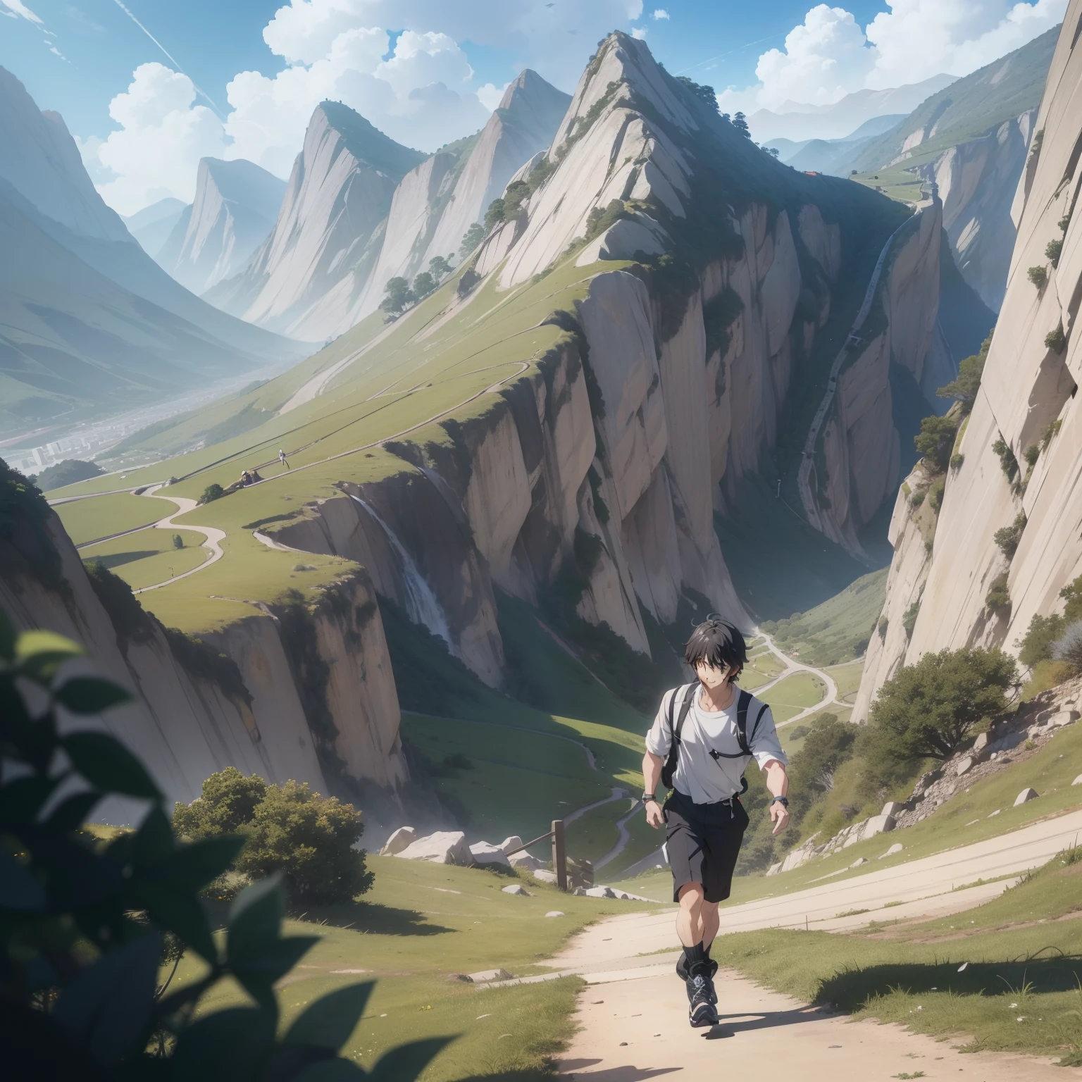 A man of about 50 years old with short black hair and a white shirt is walking along a mountain road(Open Mouth 1.5)(Shouting Action 1.5)(Smile Emoji 1.3)(The background is a mountain trail 1.5)anime style 4 k,anime rendering,style of anime。8K,handsome anime face(Upper Body Display 1.5)(handsome boy 1.3)(Cinematic Lighting 1.5)(Transition 1.3