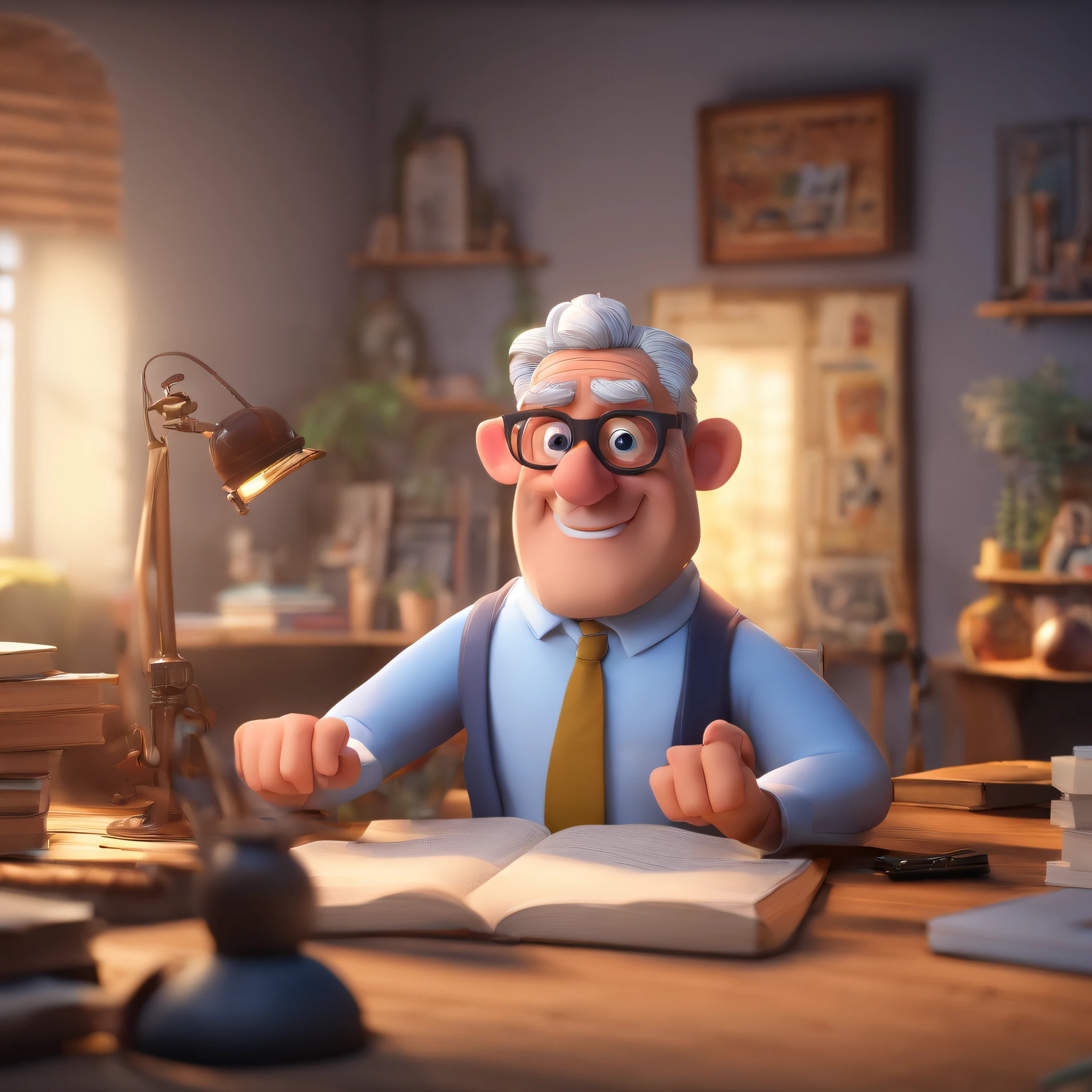 Crie um cartaz inspirado na Disney Pixar com o personagem sendo o pastor Rubens Janier, A gray-haired man wearing glasses, in an office with a Bible on the table, olhando para frente